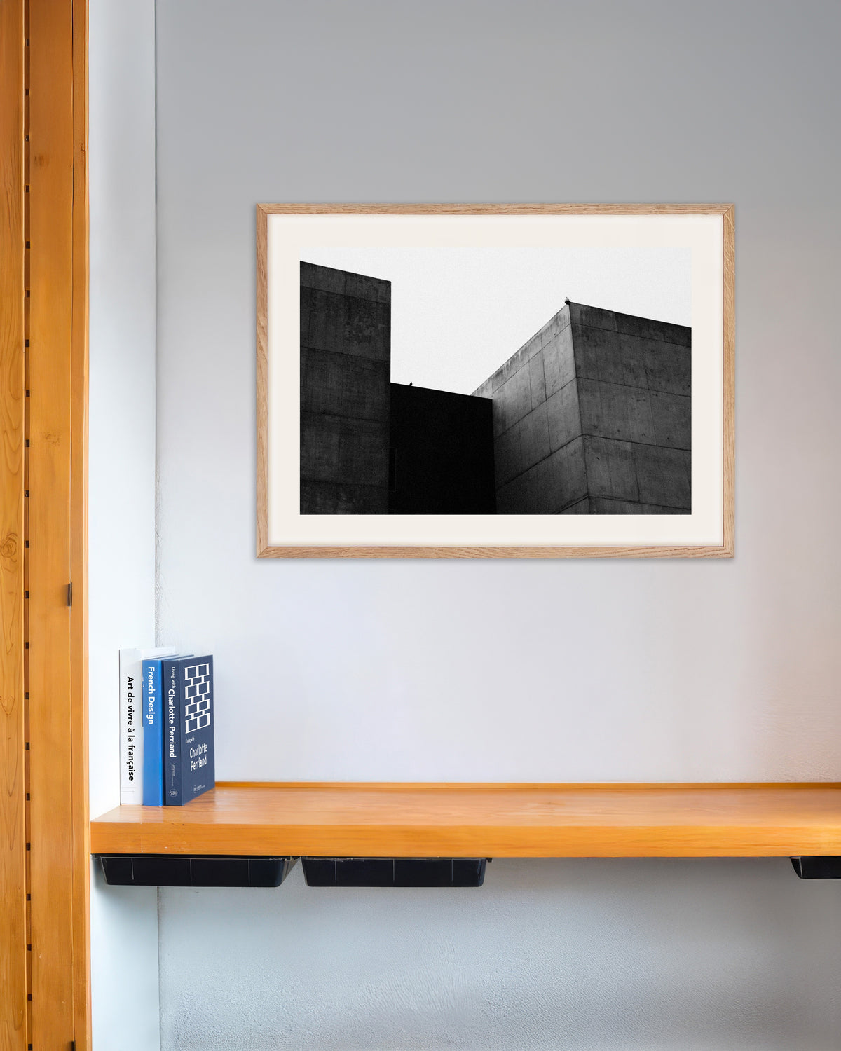 Poster of Two Concrete Blocks and a Bird, with natural wooden frame