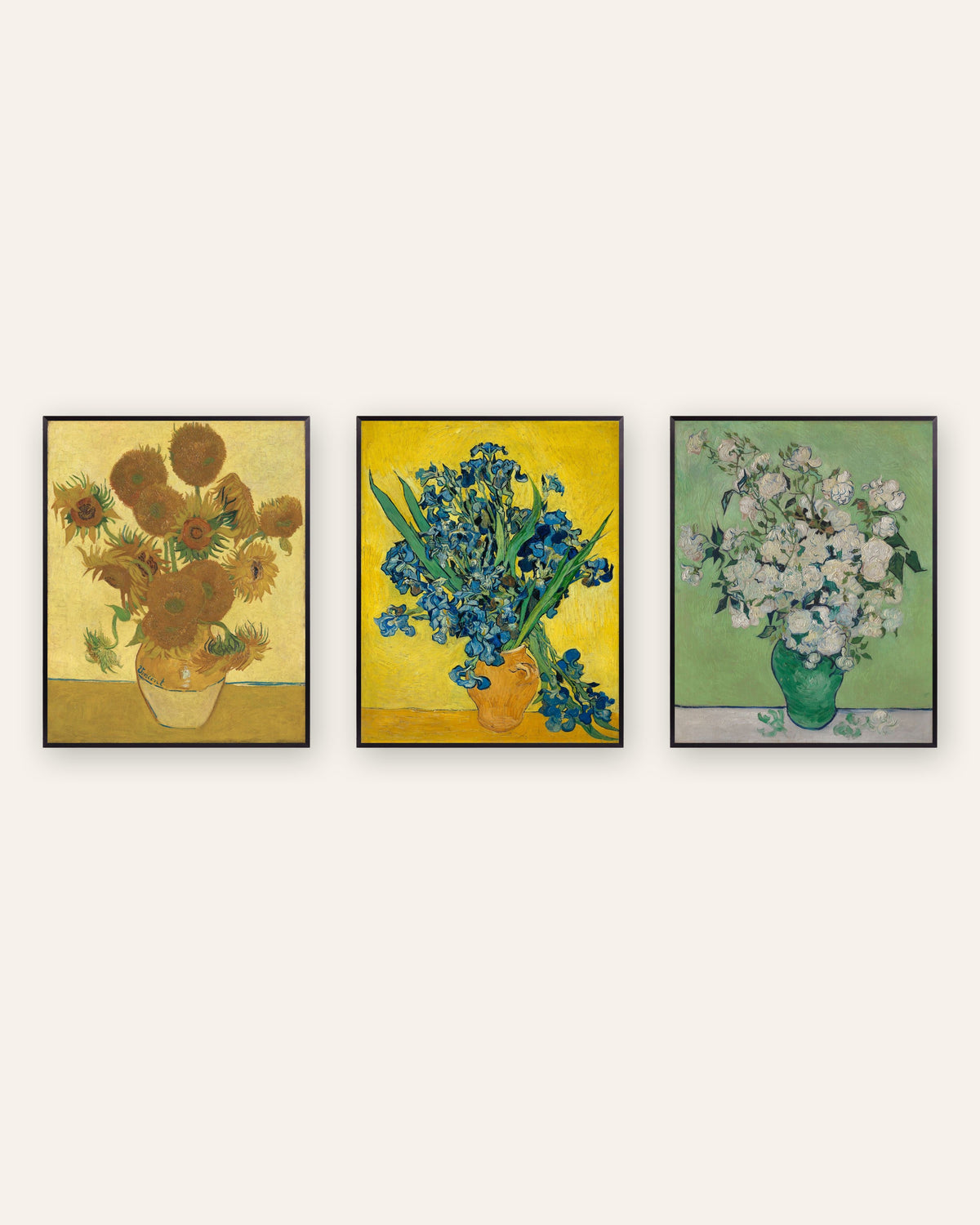 Van Gogh-postere med blomster, sett med 3: Solsikker, Iris og Roser, i svarte metallrammer