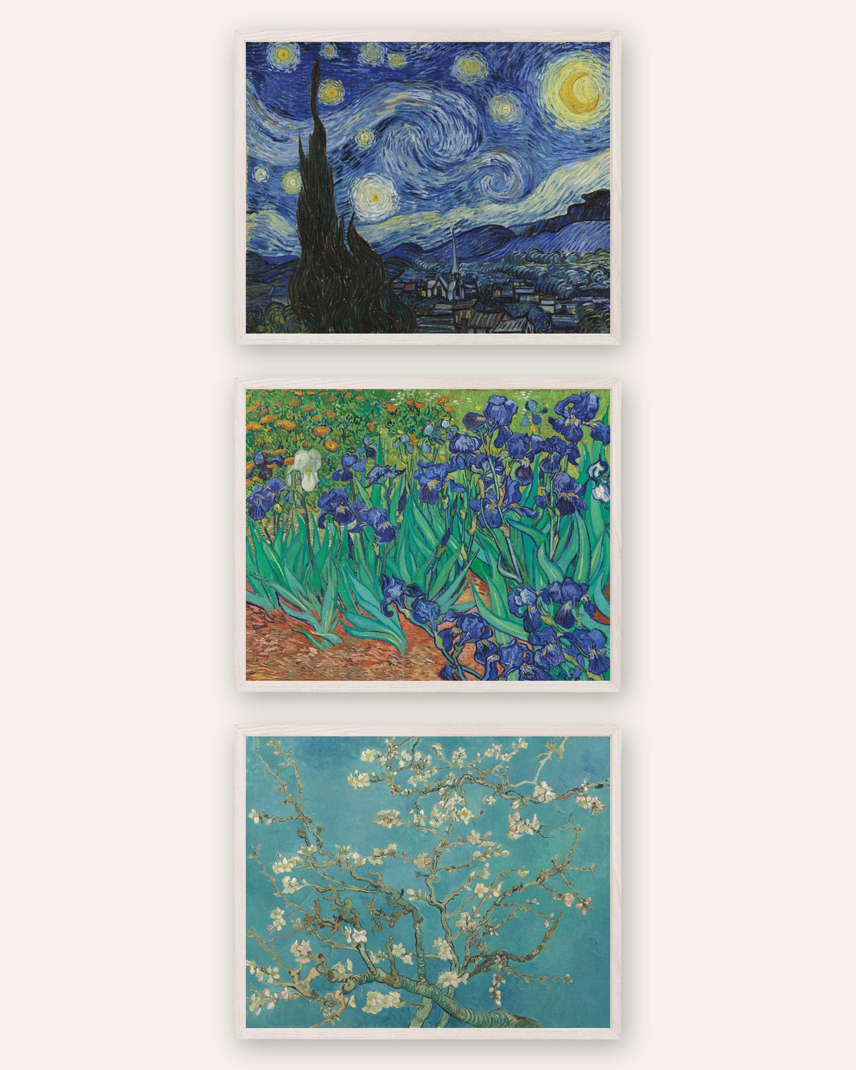 Van Gogh-postere, sett med 3: Stjernenatt, Iris og Mandelblomster, i hvite eikerammer