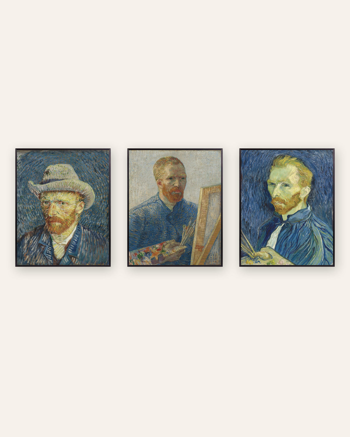 Van Gogh-postere med selvportretter, sett med 3: fra Paris til Saint-Rémy, i svarte metallrammer