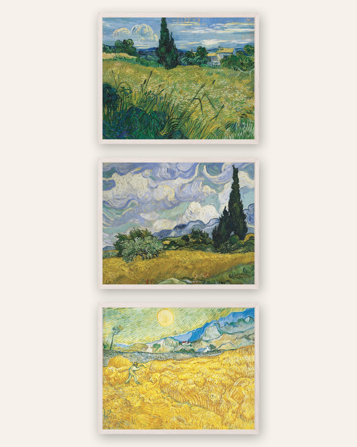 Van Gogh Wheat Field Prints Set of 3 – Cypresses & Harvest, prints in white oak frames