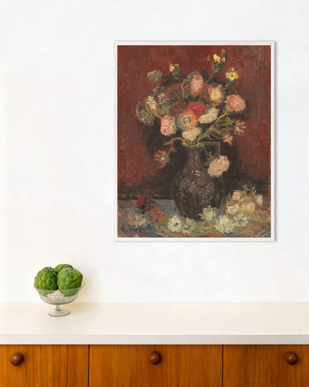 Poster av Vase med kinesiske asters og gladioler (1886) av Vincent van Gogh, med hvit treramme