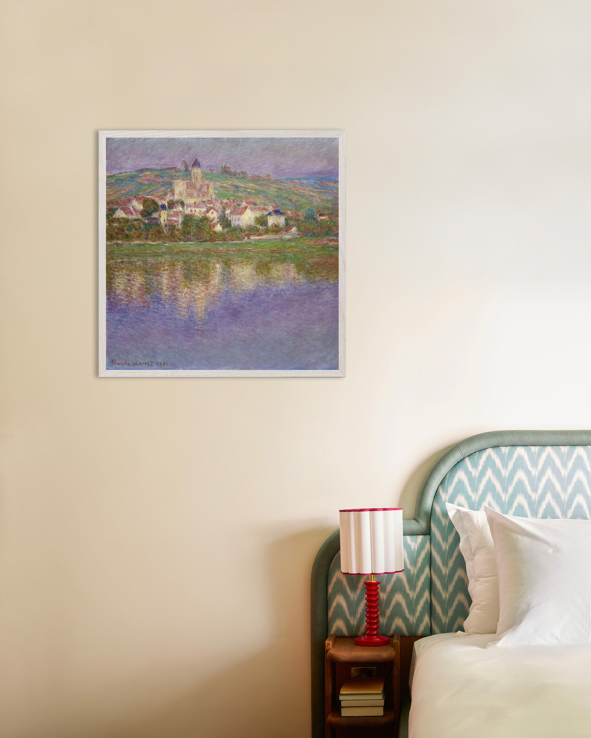 Poster of Vétheuil (1901) by Claude Monet, with white wooden frame