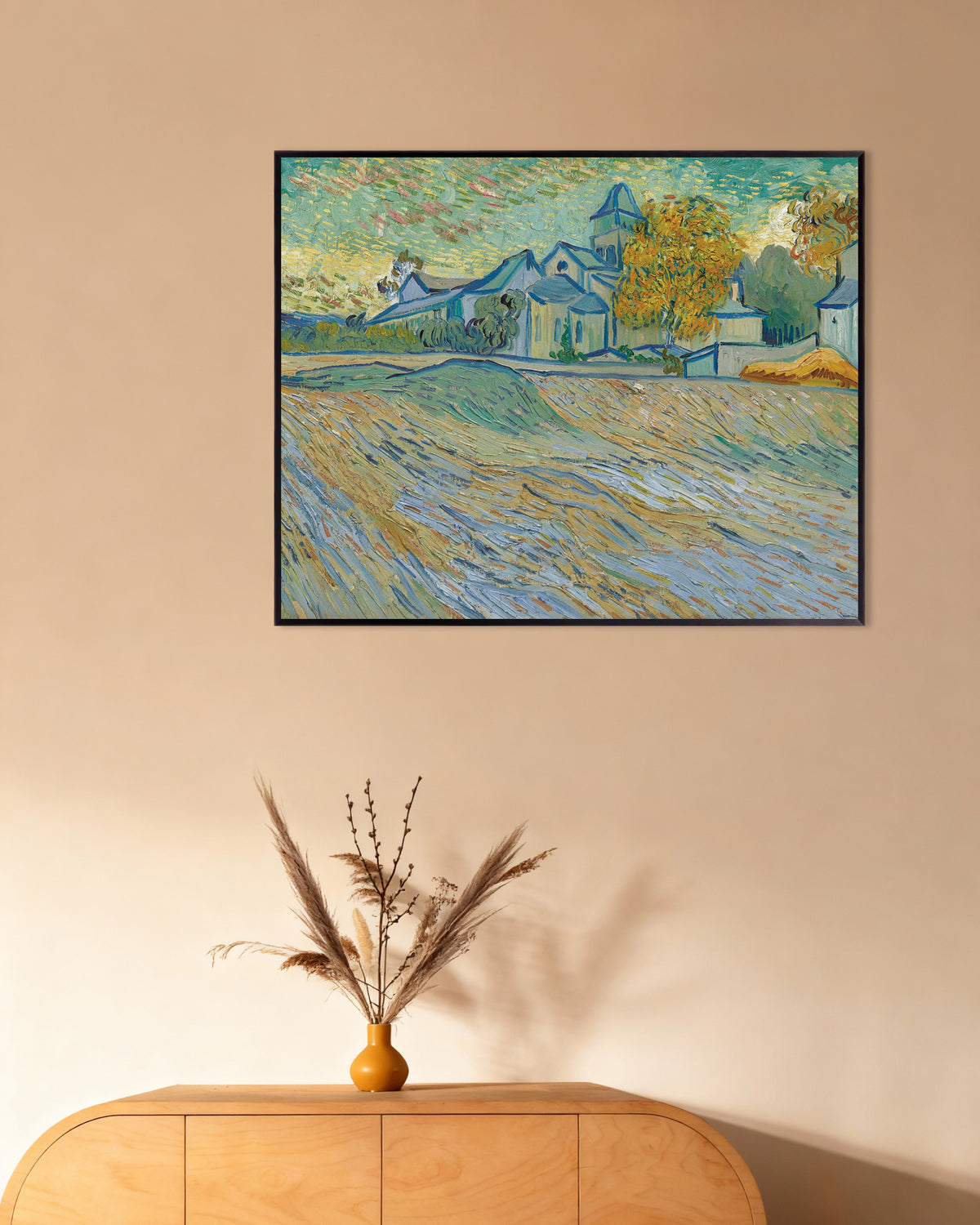 Poster av Utsikt over asylet og kapellet i Saint-Rémy (1889) av Vincent van Gogh, med metallramme