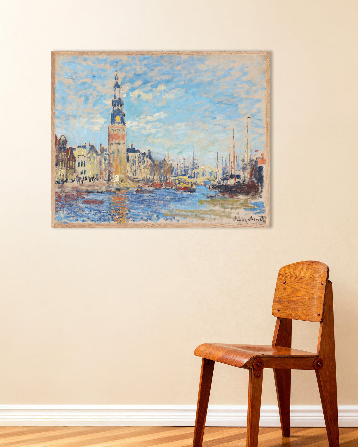 Plakat Utsikt mot Montelbaanstoren, Amsterdam (1874) av Claude Monet med ramme i naturtre