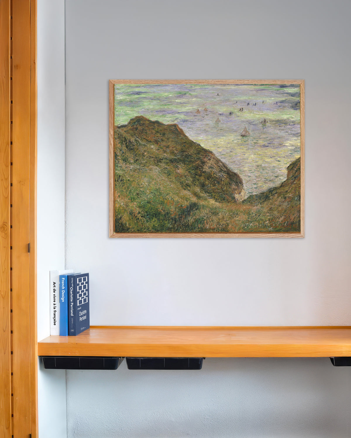 Poster of View over the Sea (1882) by Claude Monet, with natural wooden frame