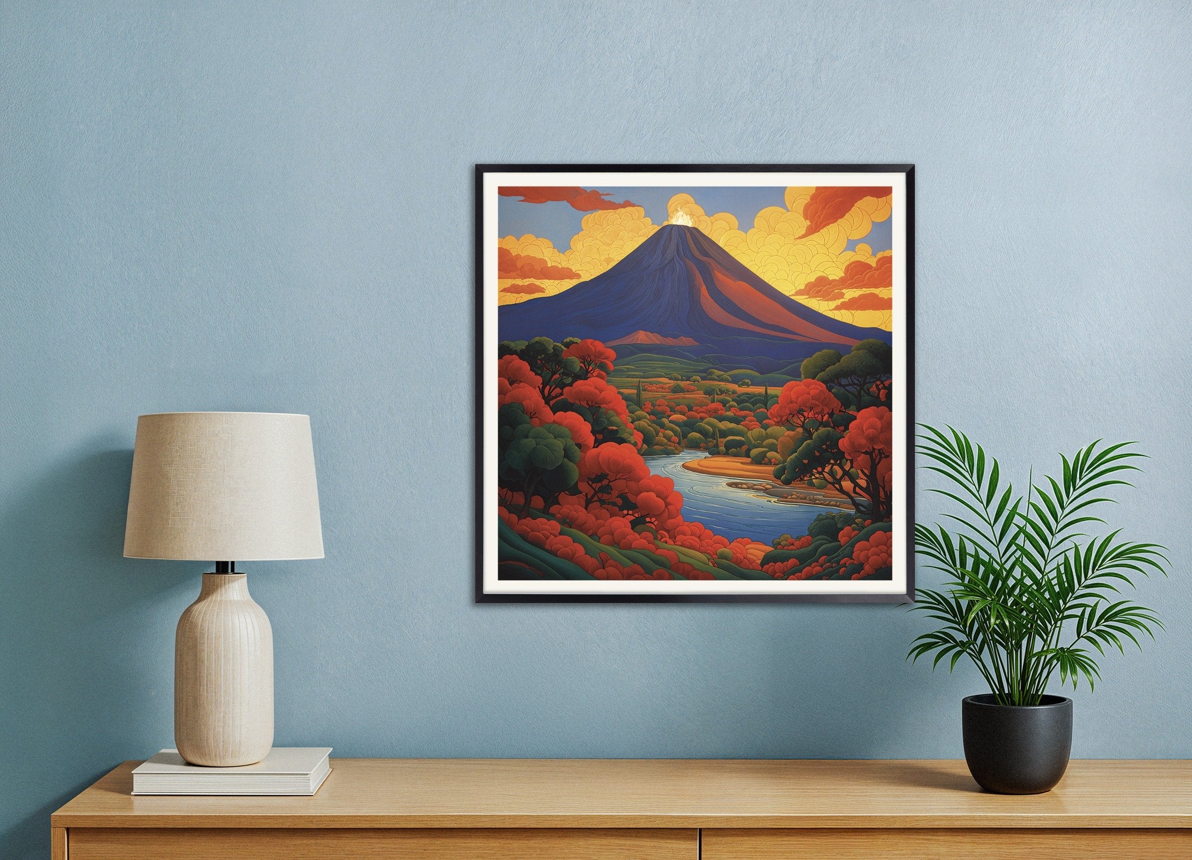 Poster of Volcano poster, mystical symbolist composition, with metal frame