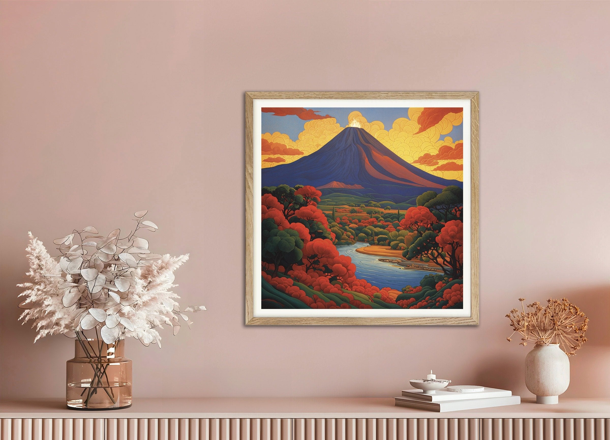 Poster of Volcano poster, mystical symbolist composition, with natural wooden frame