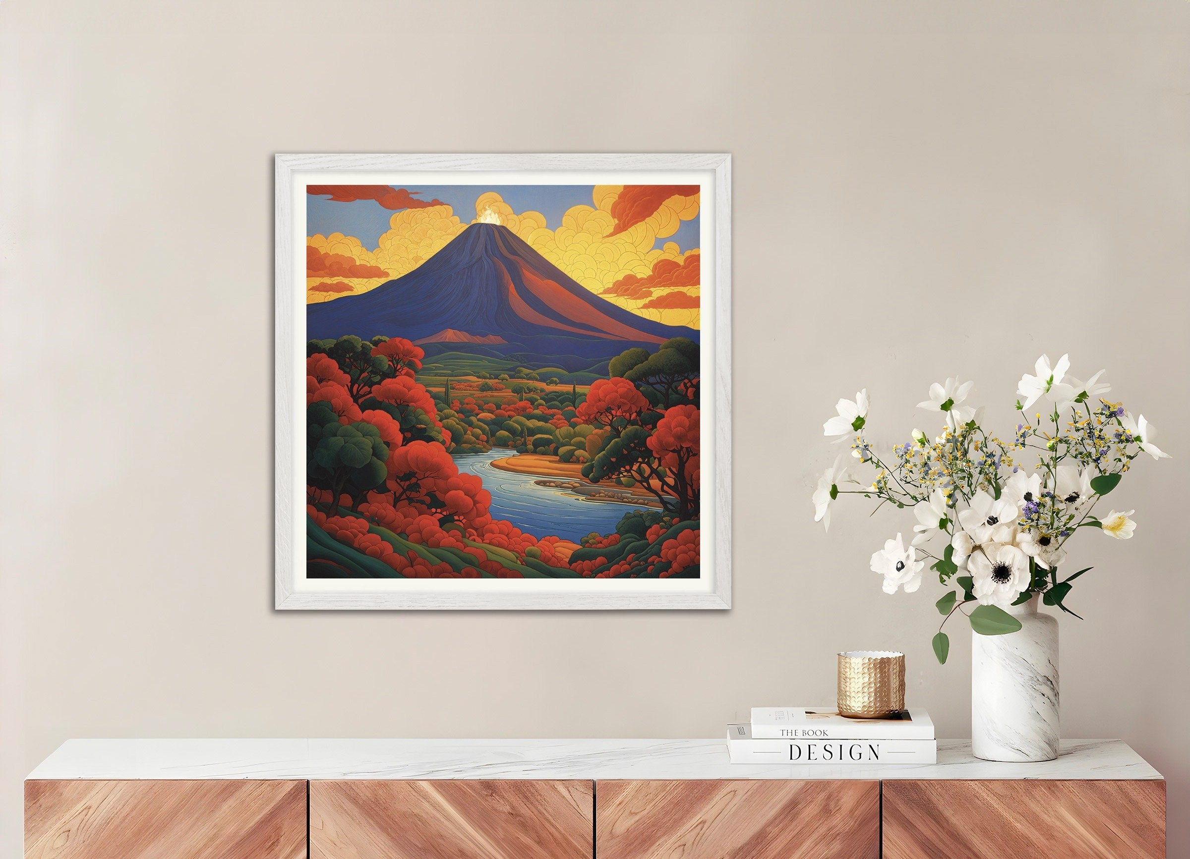 Poster of Volcano poster, mystical symbolist composition, with white wooden frame