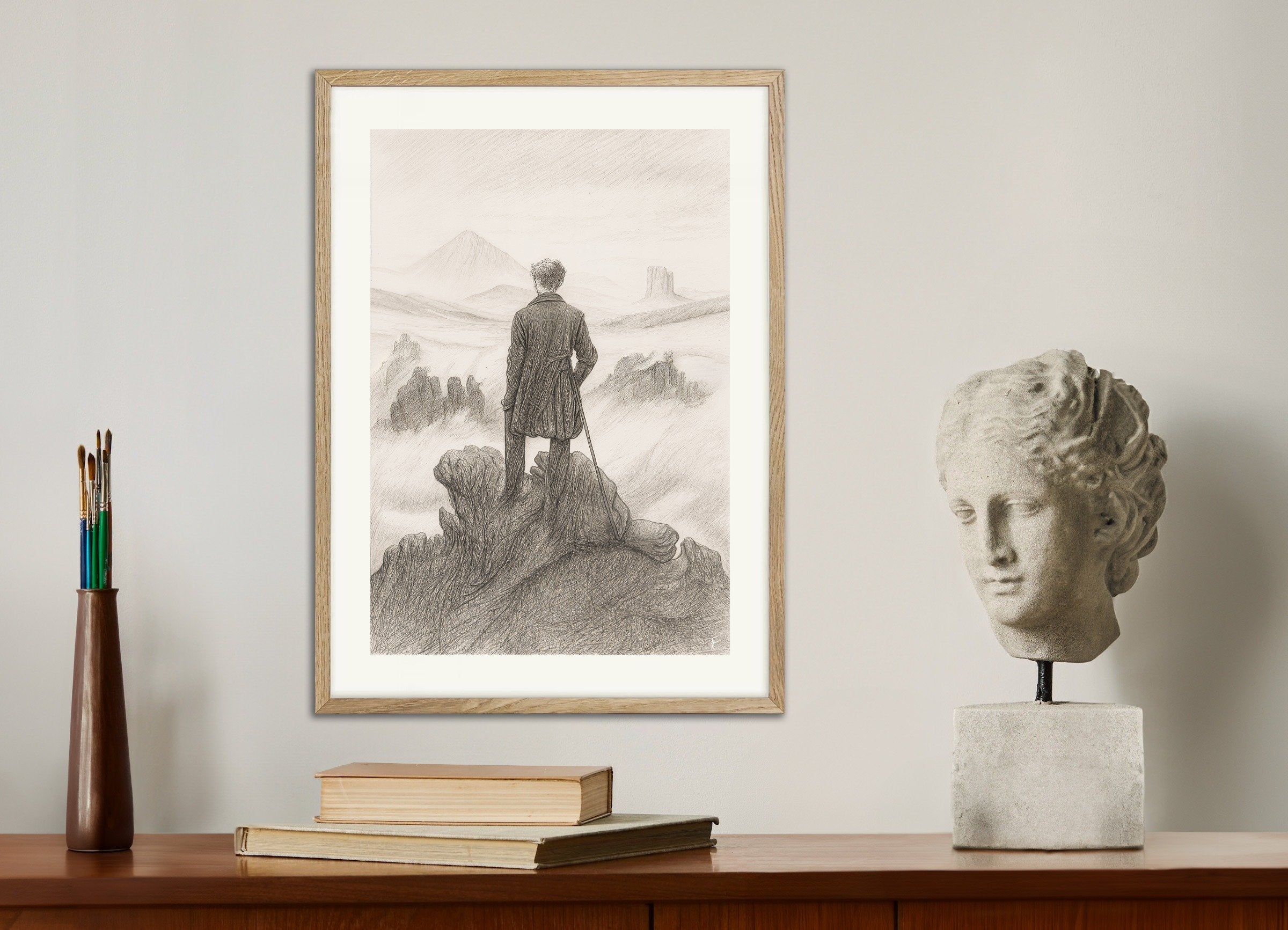 Poster of Wanderer above the Sea of Fog - pencil drawing - Poster, with natural wooden frame