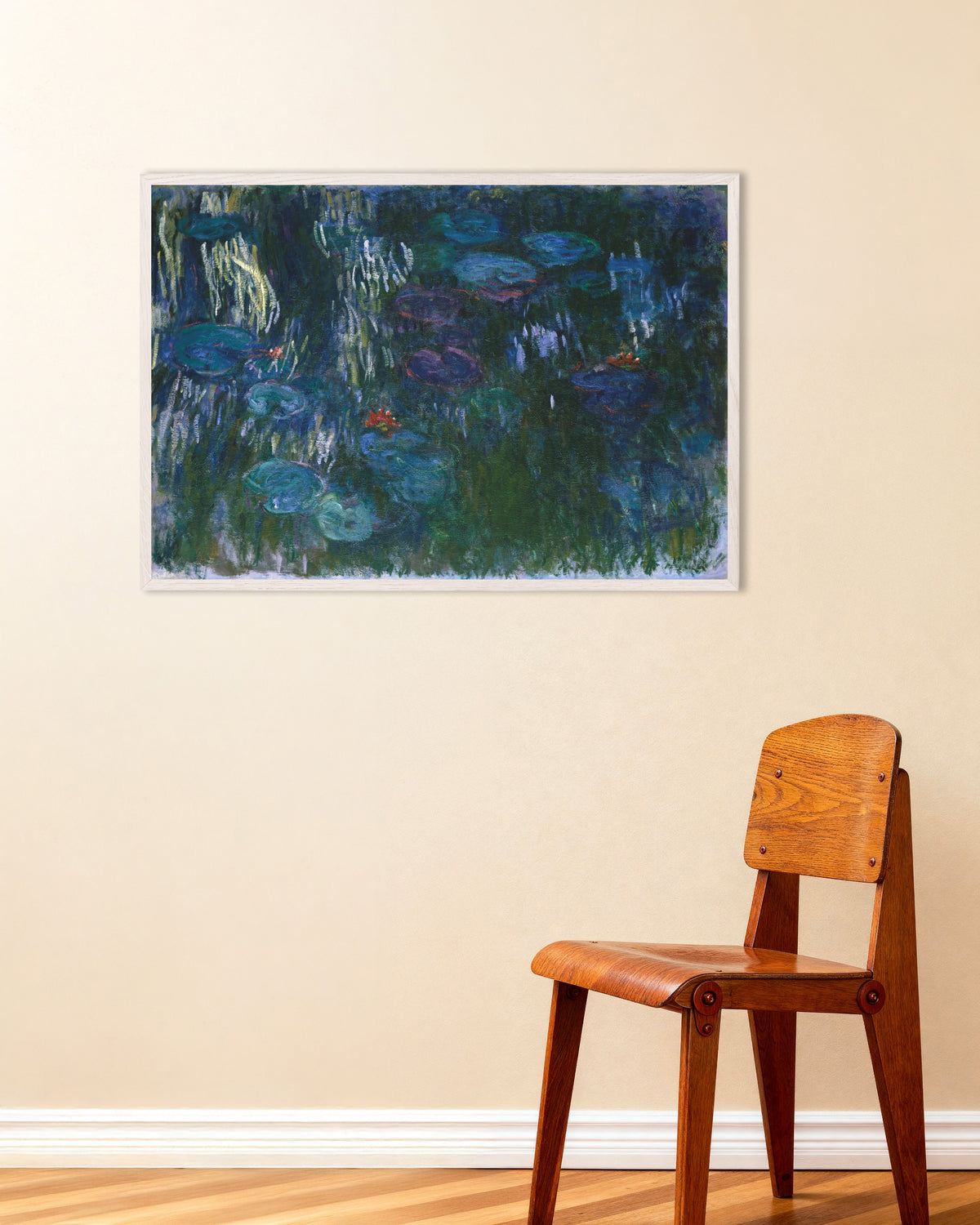 Plakat Vannliljer (1916–1919) av Claude Monet med hvit treramme