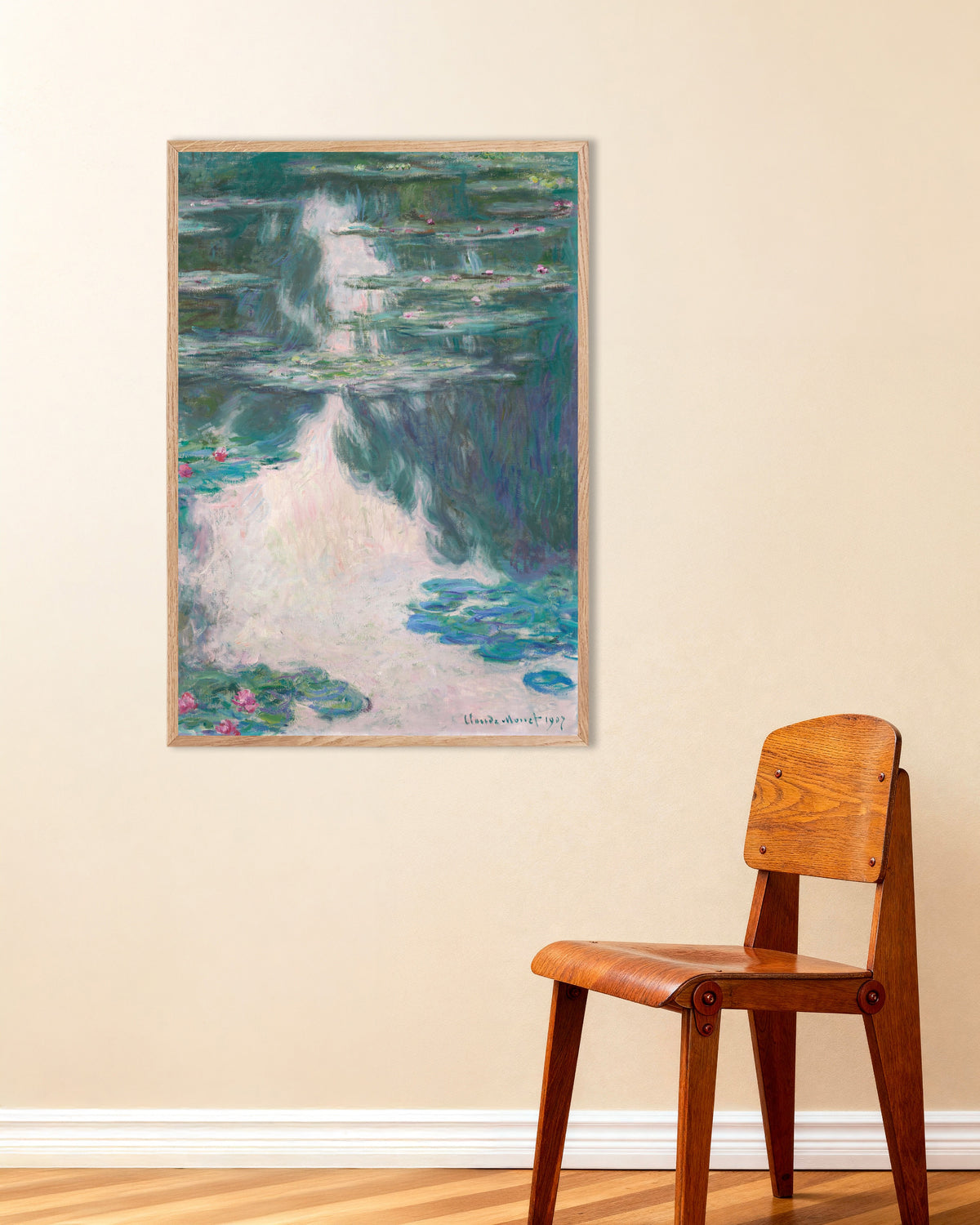 Poster of Water Lilies, Gray Weather (1907) by Claude Monet, with natural wooden frame