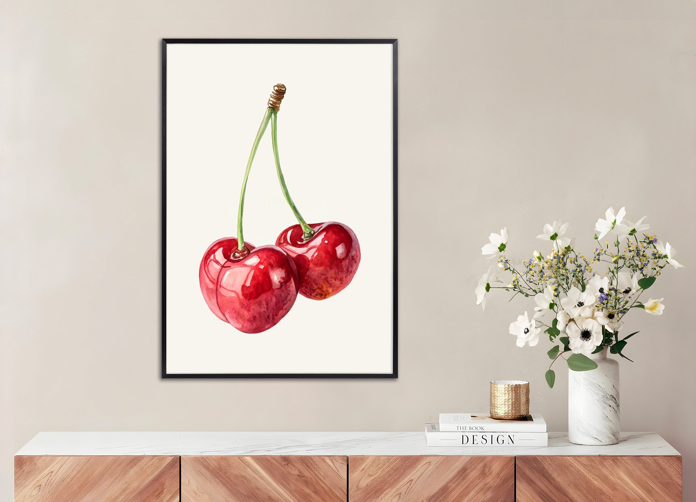 Poster of Watercolor Cherry Art Print – Fruit Wall Decor Poster, with metal frame