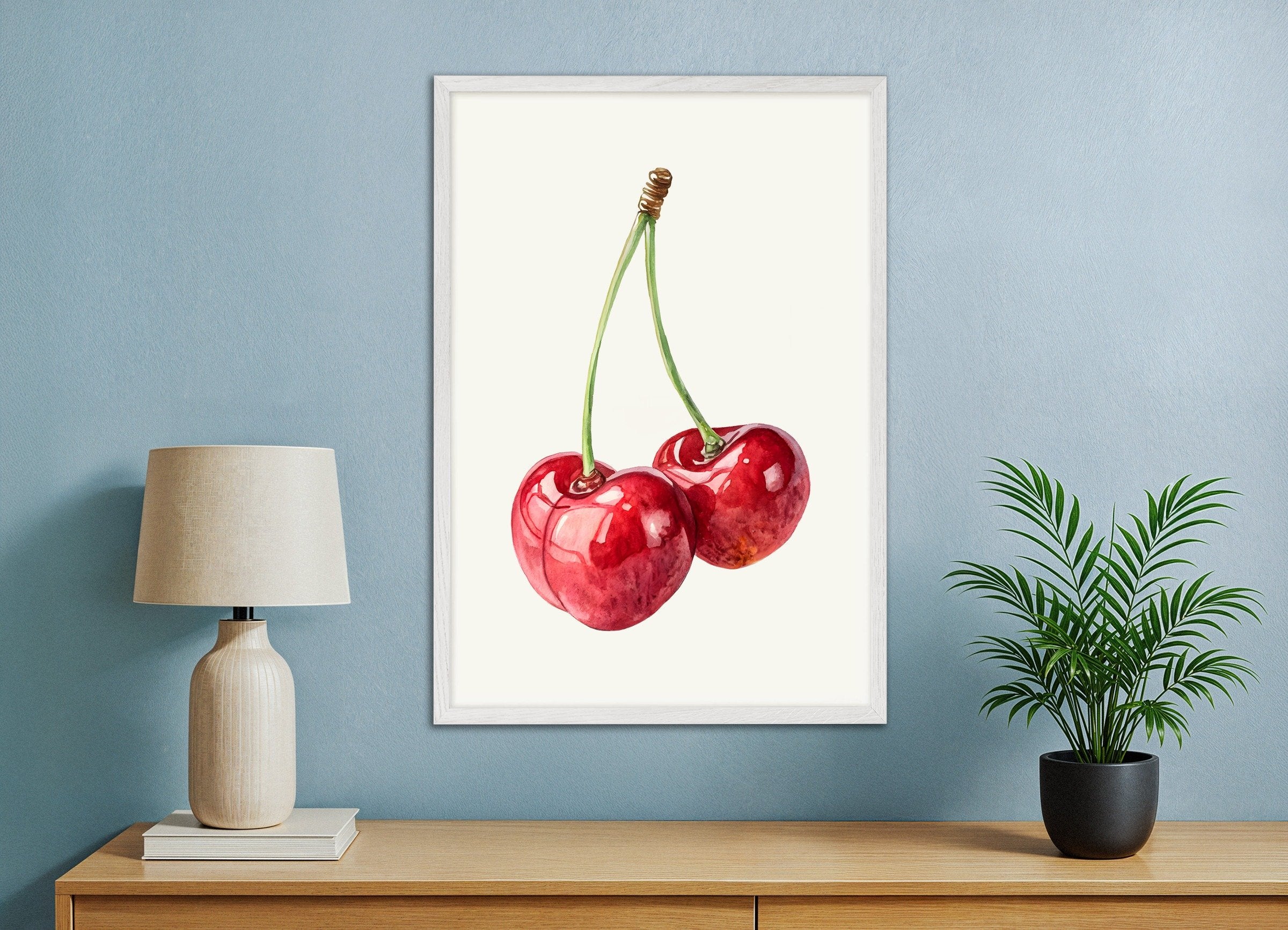 Poster of Watercolor Cherry Art Print – Fruit Wall Decor Poster, with white wooden frame