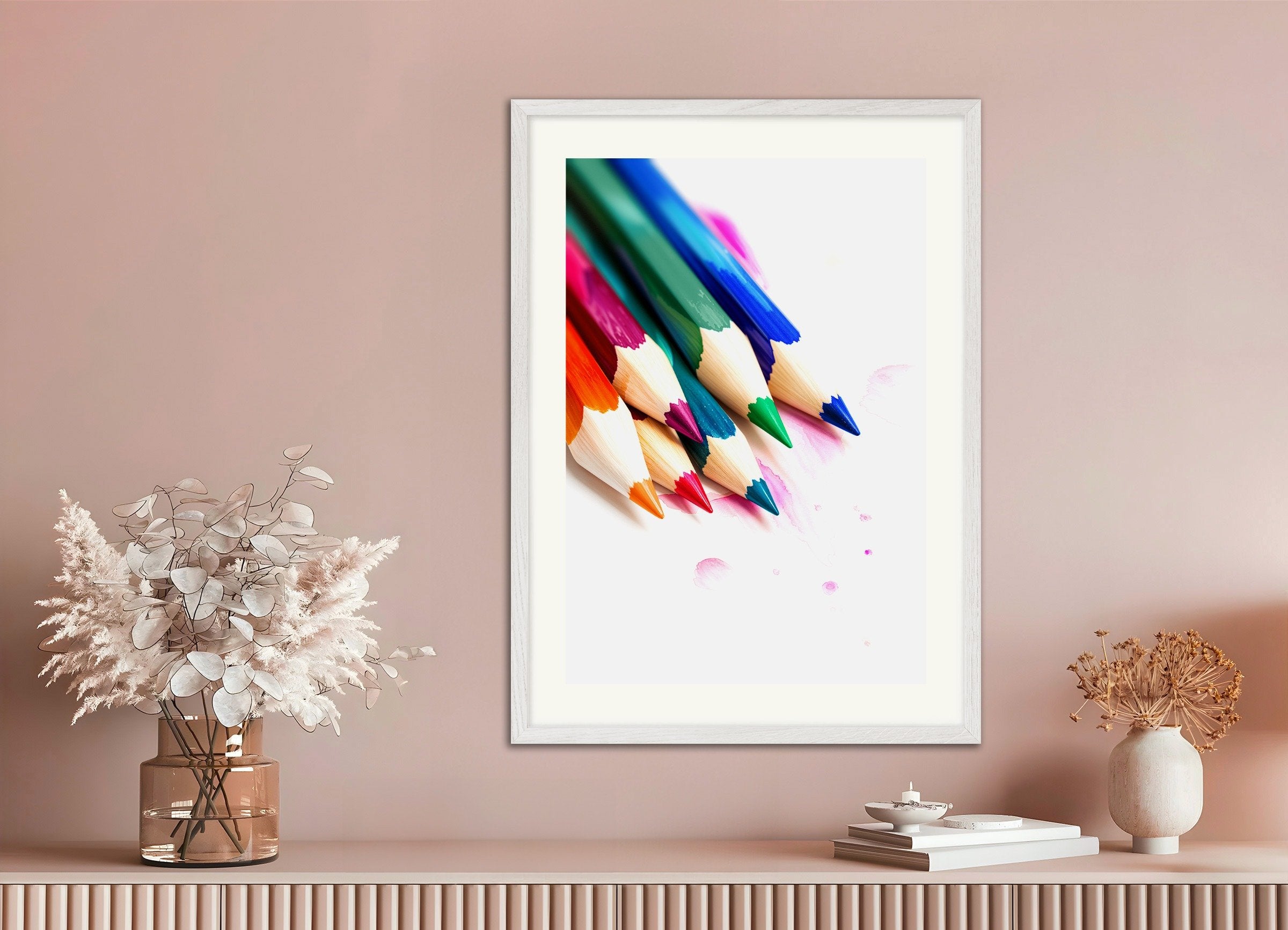Poster of Watercolor colored pencil, with white wooden frame