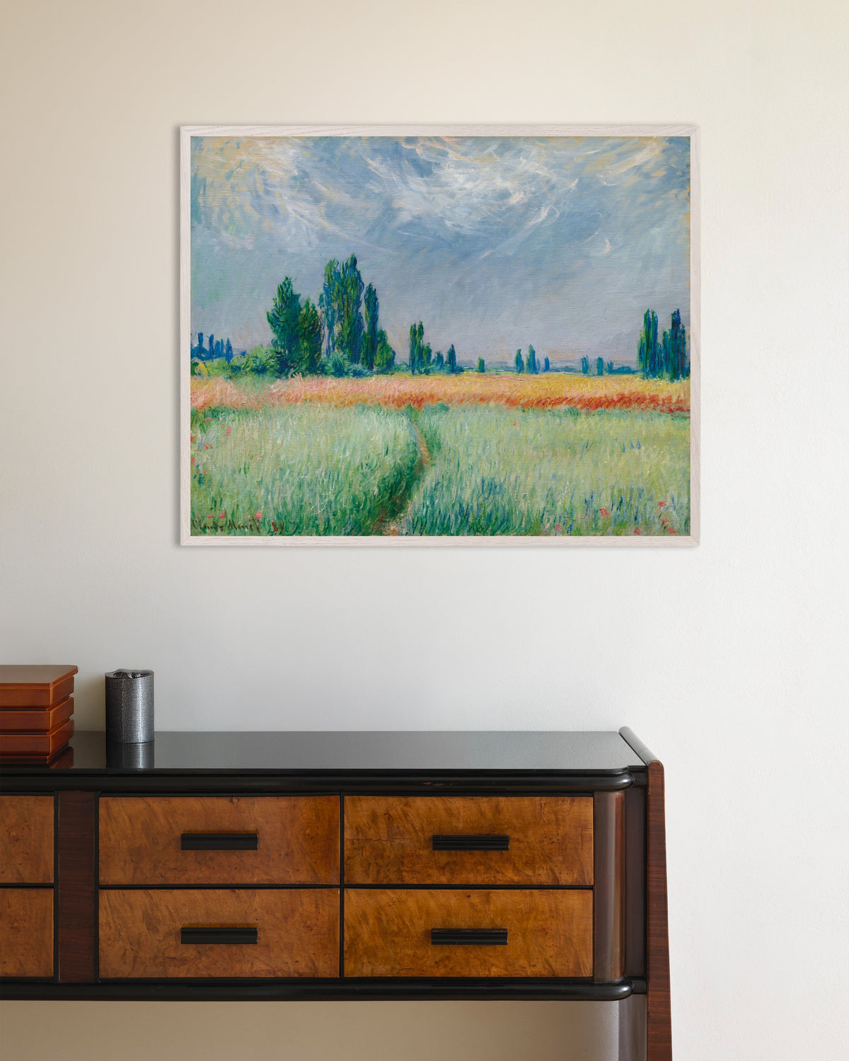 Plakat Hveteåker (1881) av Claude Monet med hvit treramme
