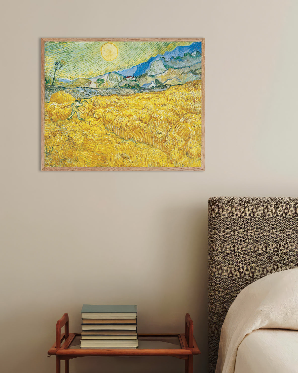 Poster of Wheat Field Behind Saint-Paul Hospital with a Reaper (1889) by Vincent van Gogh, with natural wooden frame