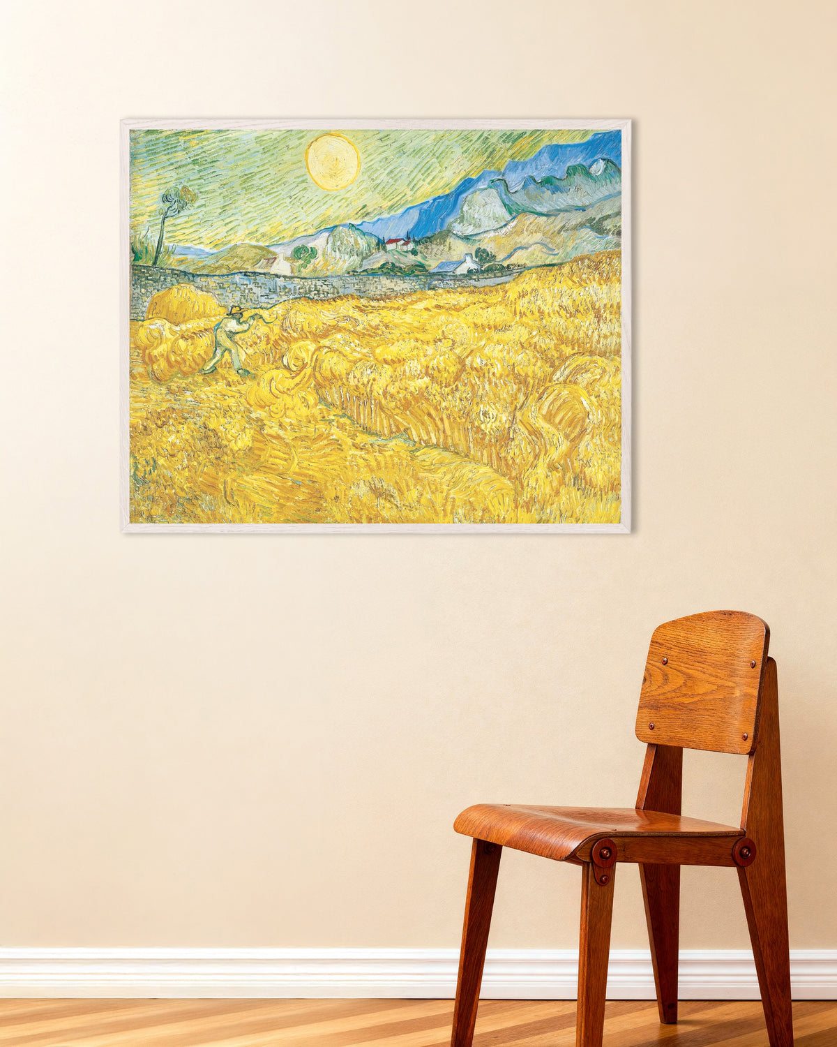 Poster of Wheat Field Behind Saint-Paul Hospital with a Reaper (1889) by Vincent van Gogh, with white wooden frame