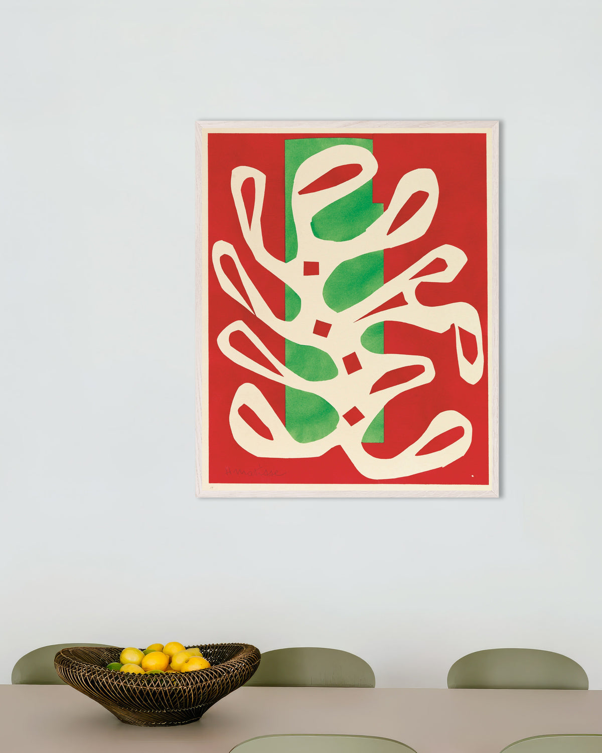 Poster of White Alga on Red and Green Background (1947) by Henri Matisse, with white wooden frame