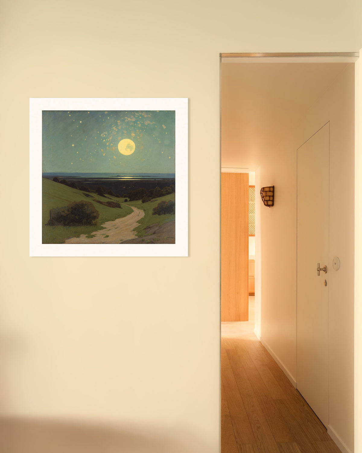 Full Moon Over the Hills poster: a full moon and stars above green hills and a winding path