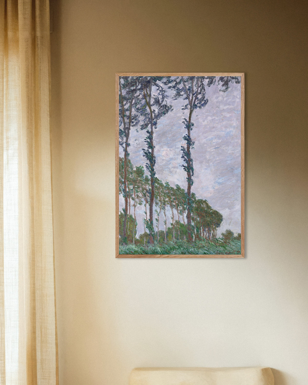 Plakat Popler, vindeffekt (1891) av Claude Monet med ramme i naturtre