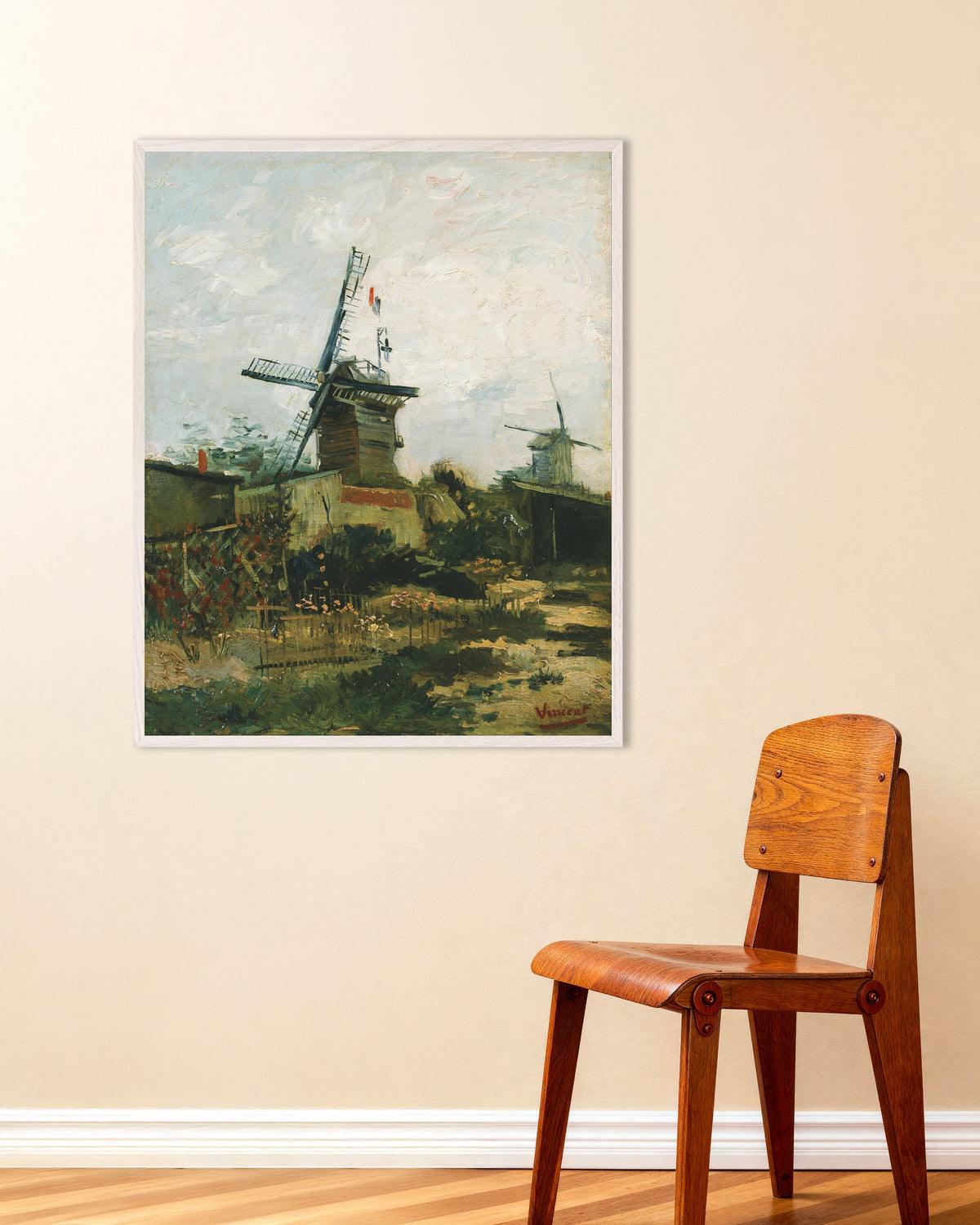 Poster of Windmills on Montmartre (1886) by Vincent van Gogh, with white wooden frame