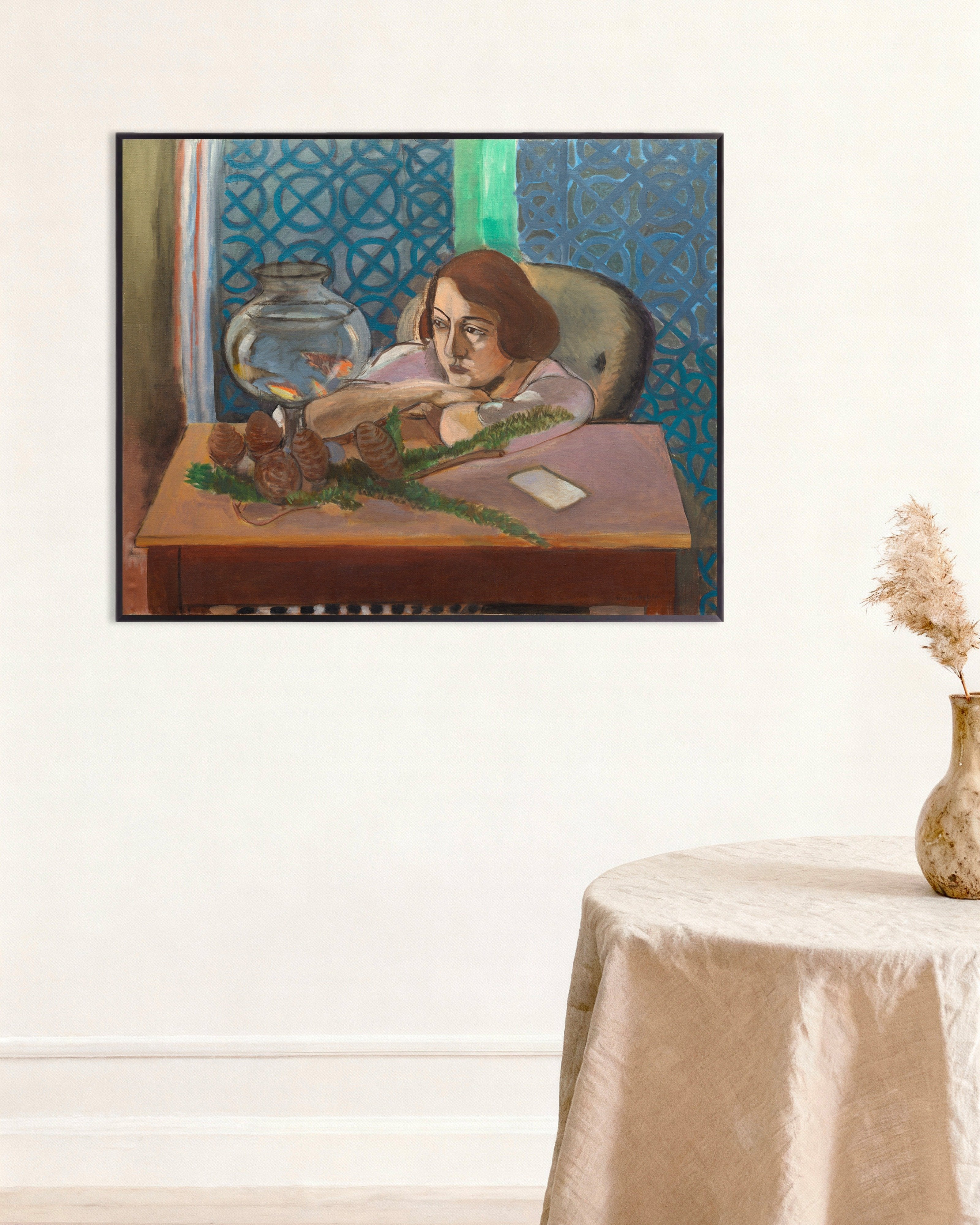 Poster of Woman before an aquarium (1921-1923) by Henri Matisse - Poster, with metal frame