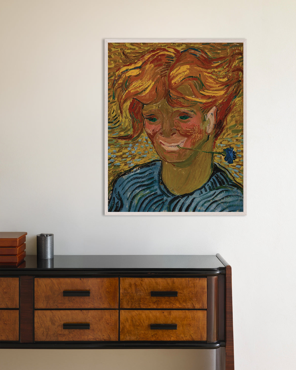 Poster of Young Man with a Cornflower (1890) by Vincent van Gogh, with white wooden frame