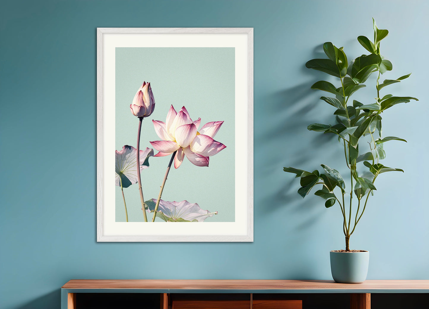 Poster with white wood frame: Lotus flower, vintage