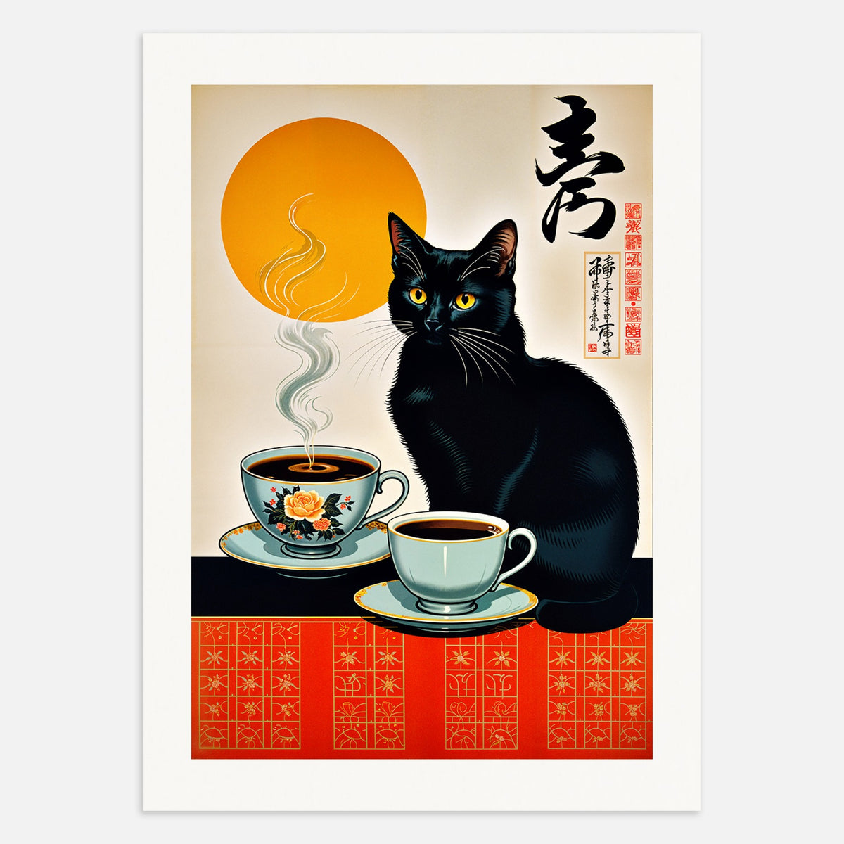 cat with coffee cup Black cat and coffee, Japanese vintage - Poster | Wall Art Print
