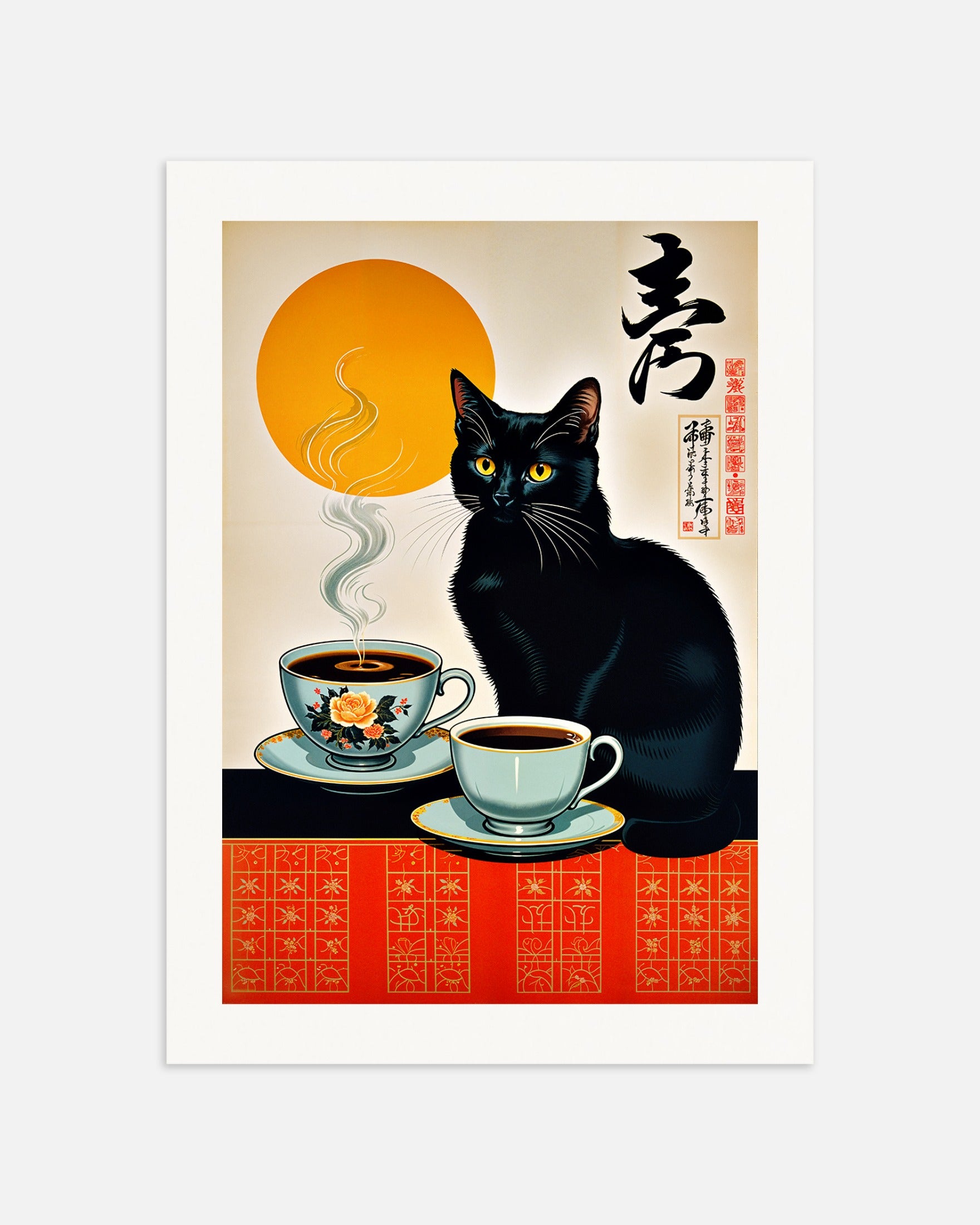 Poster: Black cat and coffee, vintage Japanese style, none