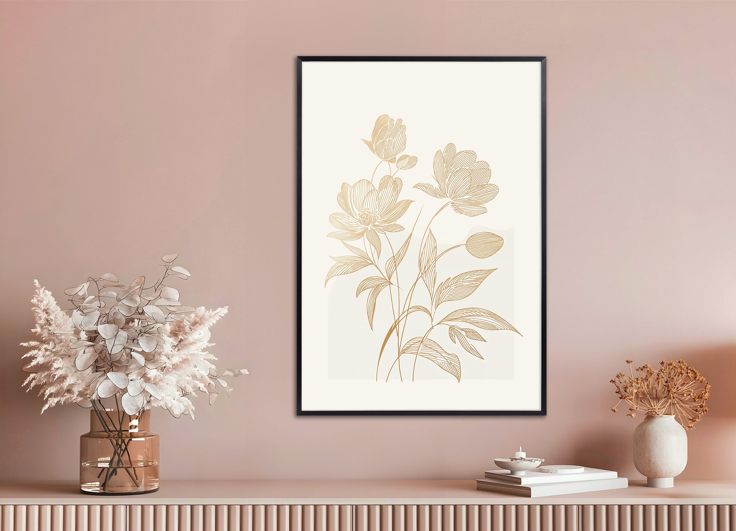 Poster with metal frame: Flowers on a light beige background