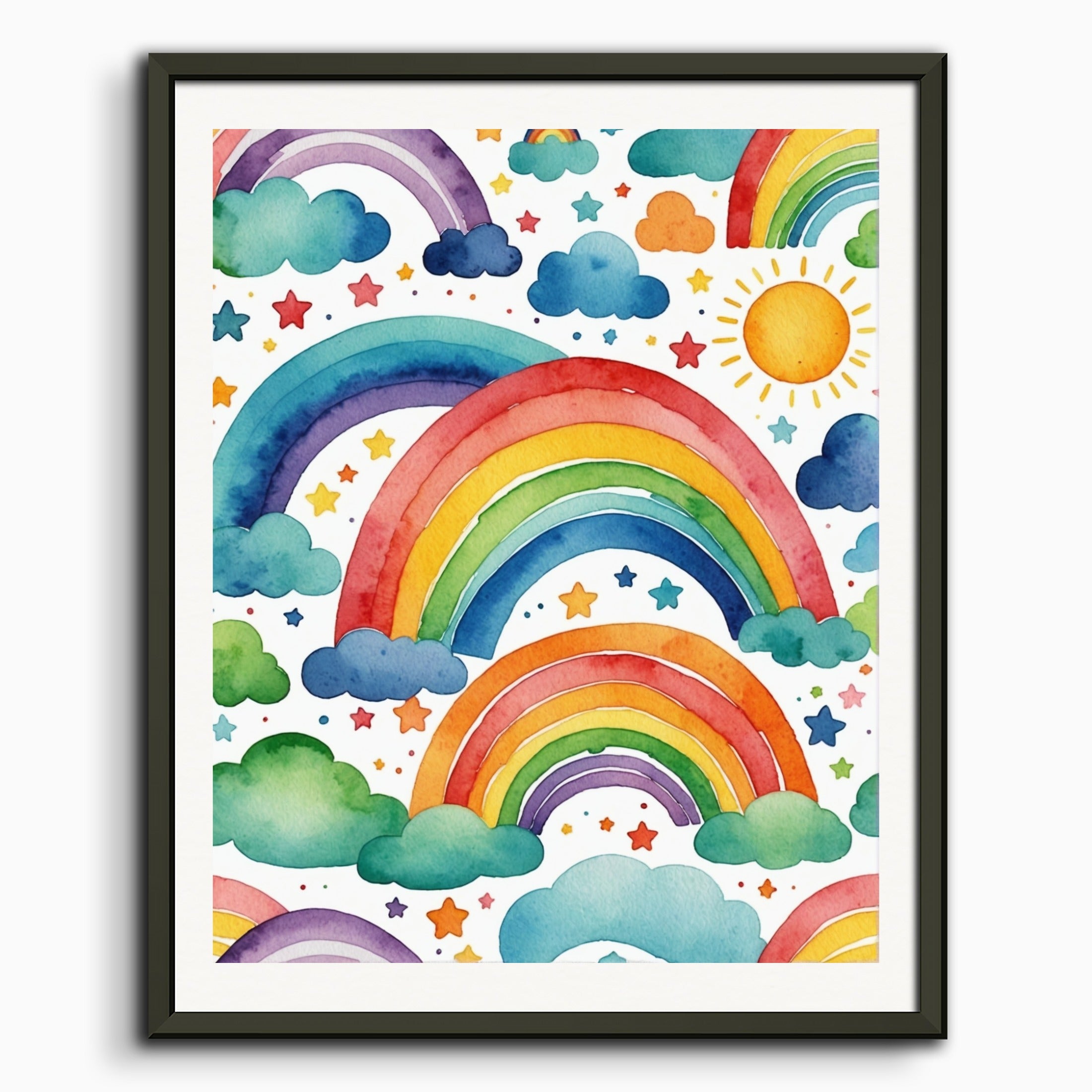 Poster: Childish watercolor, rainbow on white background