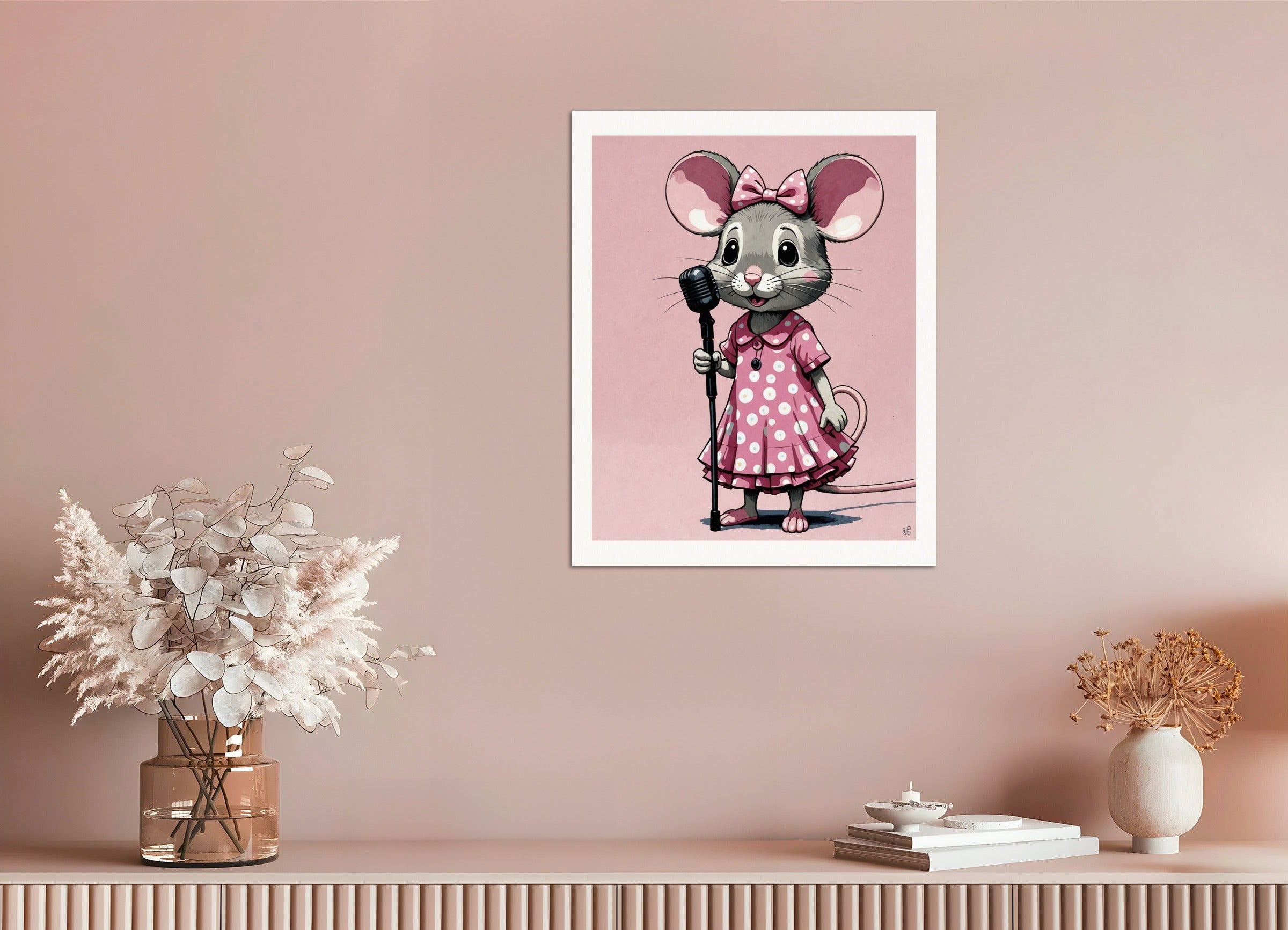 Poster: Contemporary Japanese kawaii artist, mouse in a pink dress with a microphone