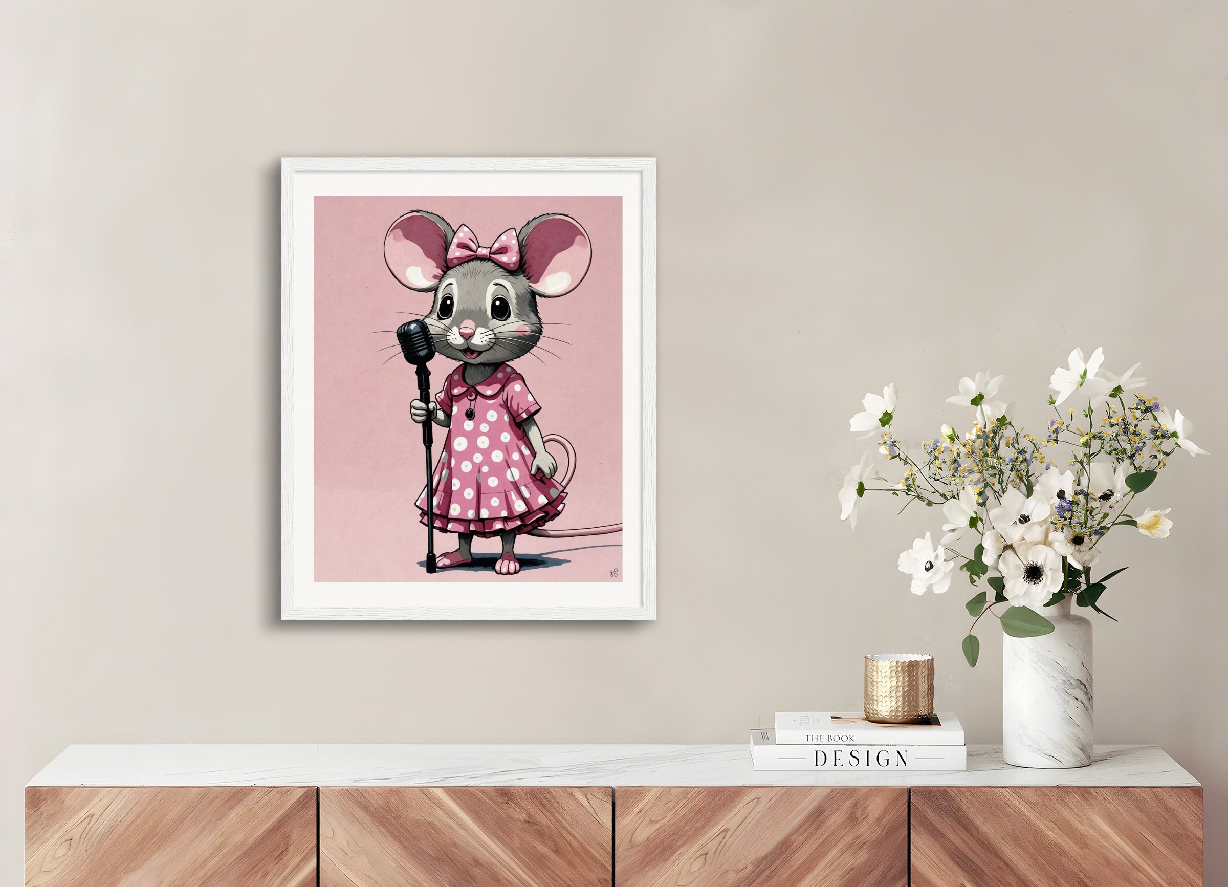 Poster with wood frame: Contemporary Japanese kawaii artist, mouse in a pink dress with a microphone