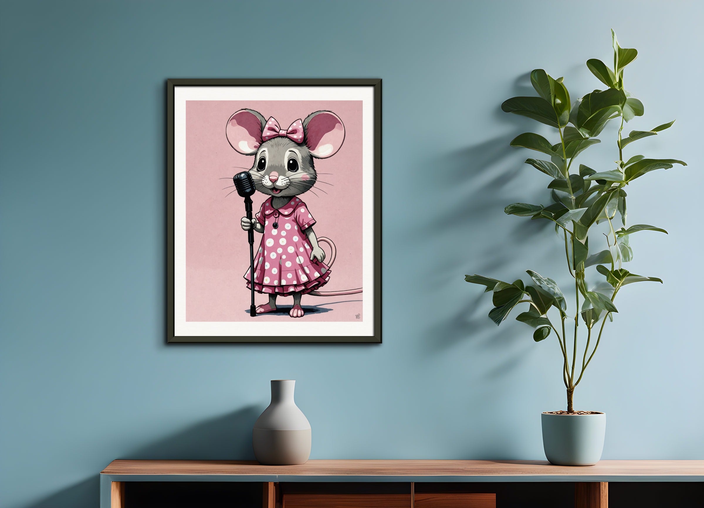 Poster with metal frame: Contemporary Japanese kawaii artist, mouse in a pink dress with a microphone