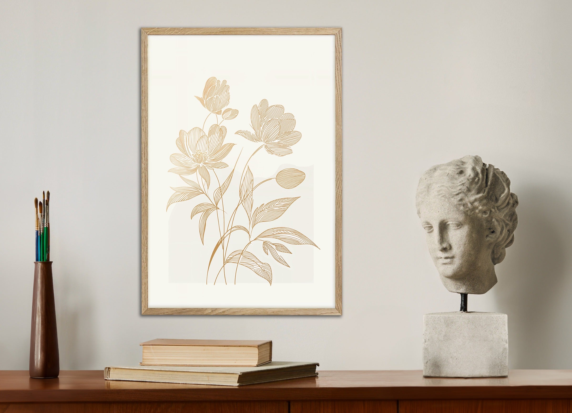 Poster with natural wood frame: Flowers on a light beige background