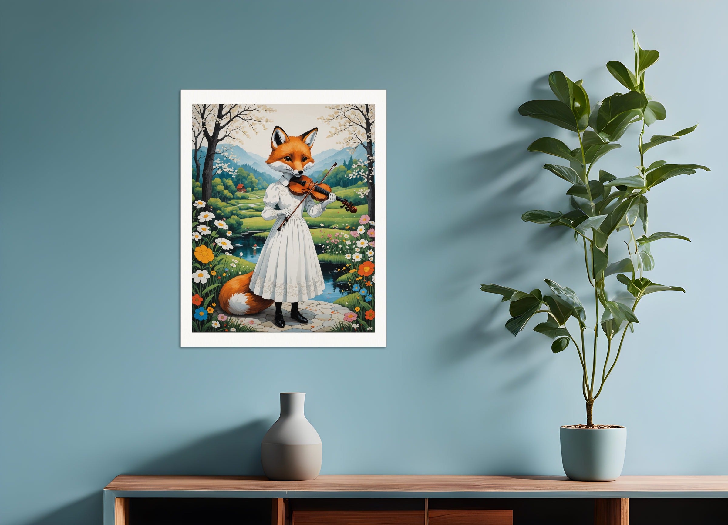 Poster: Contemporary Japanese kawaii artist, fox in a white dress plays the violin