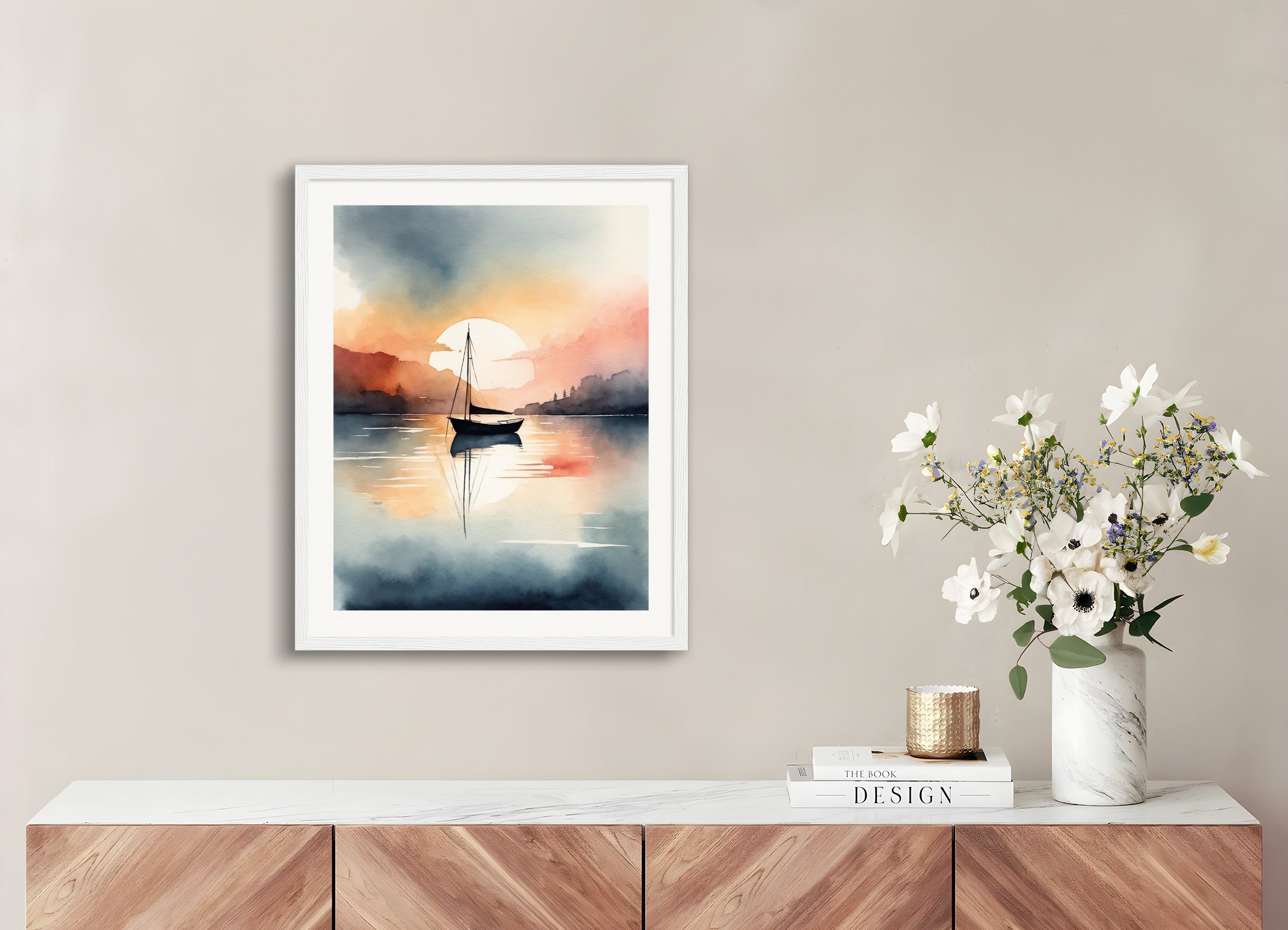 Poster with wood frame: Abstract watercolor illustration using a gradient of colors, Boat