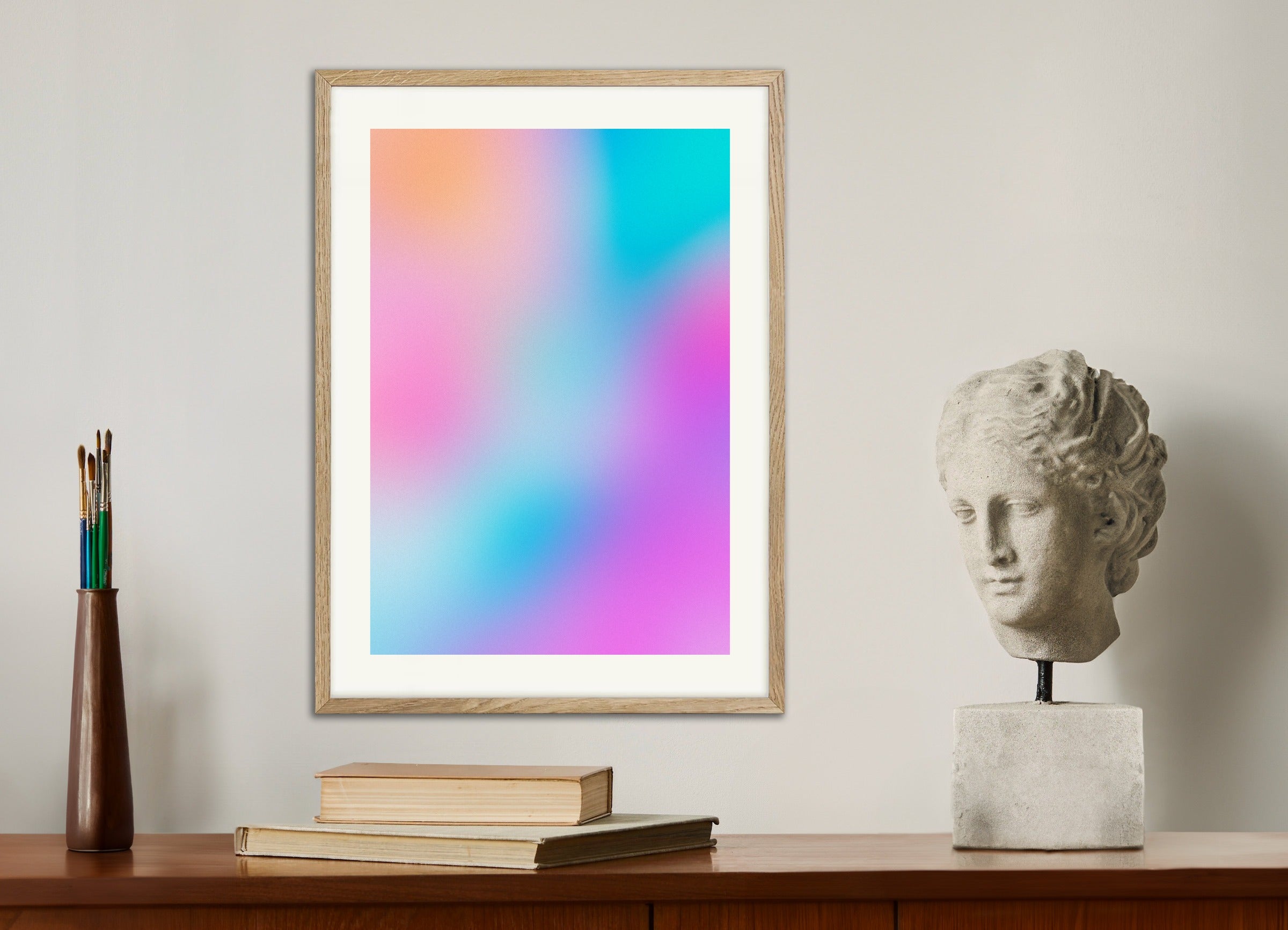 Poster with natural wood frame: Pink and blue crystal dream