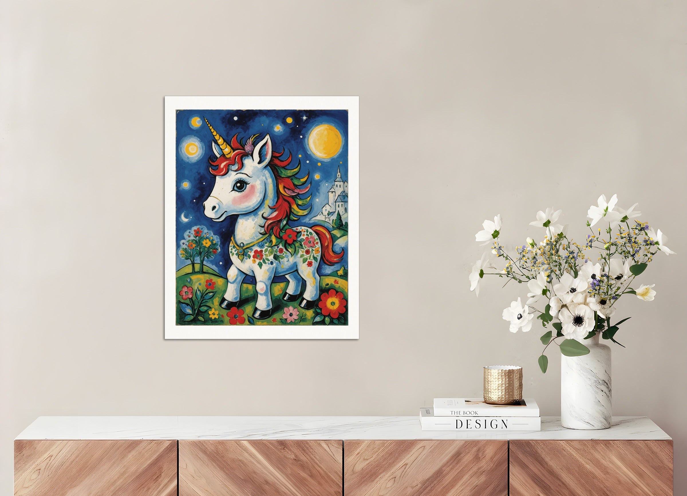 Poster: Surrealism mixed with neo-primitivism, A baby cute unicorn