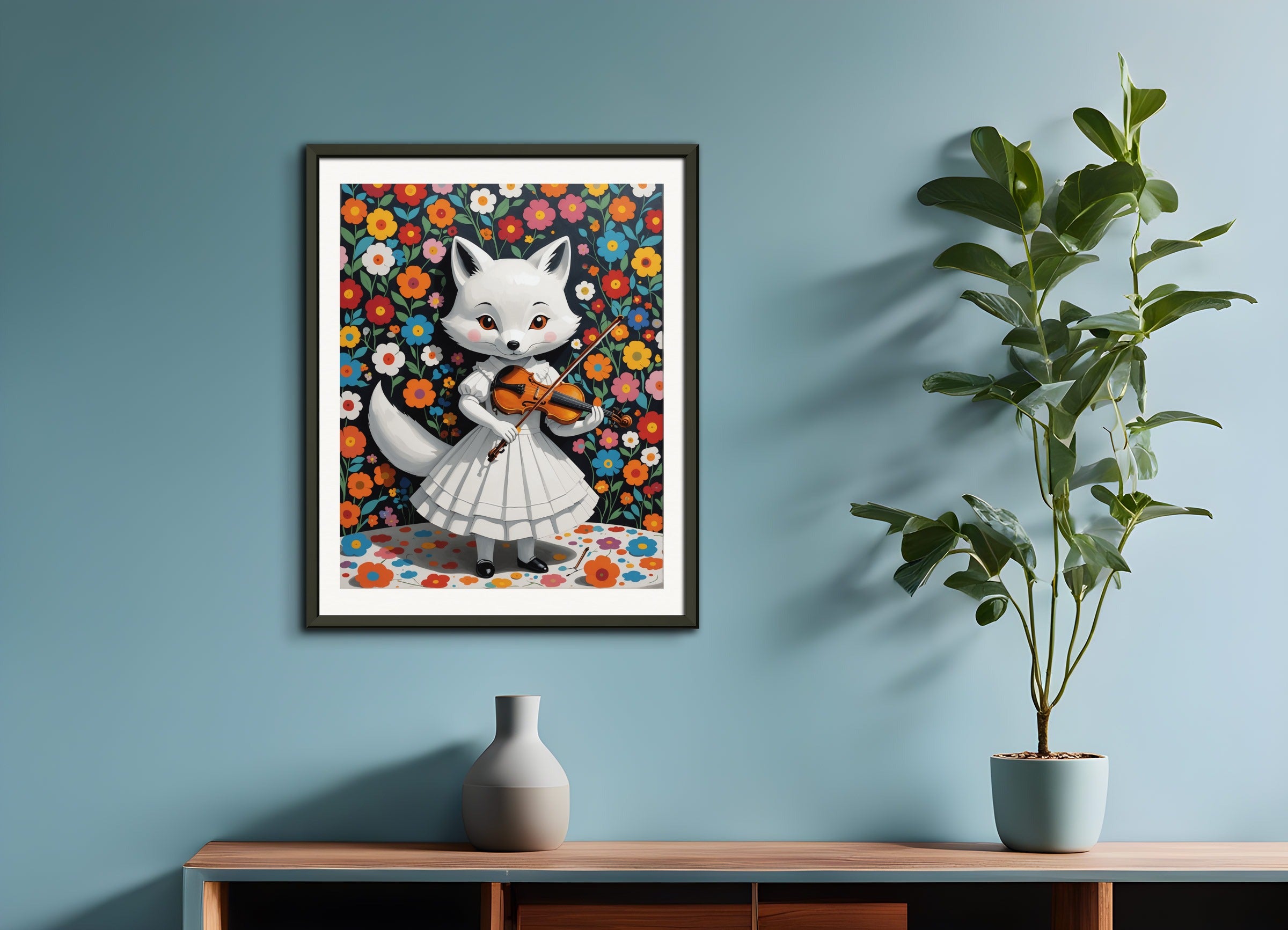 Poster with metal frame: Contemporary Japanese kawaii artist, fox in a white dress plays the violin