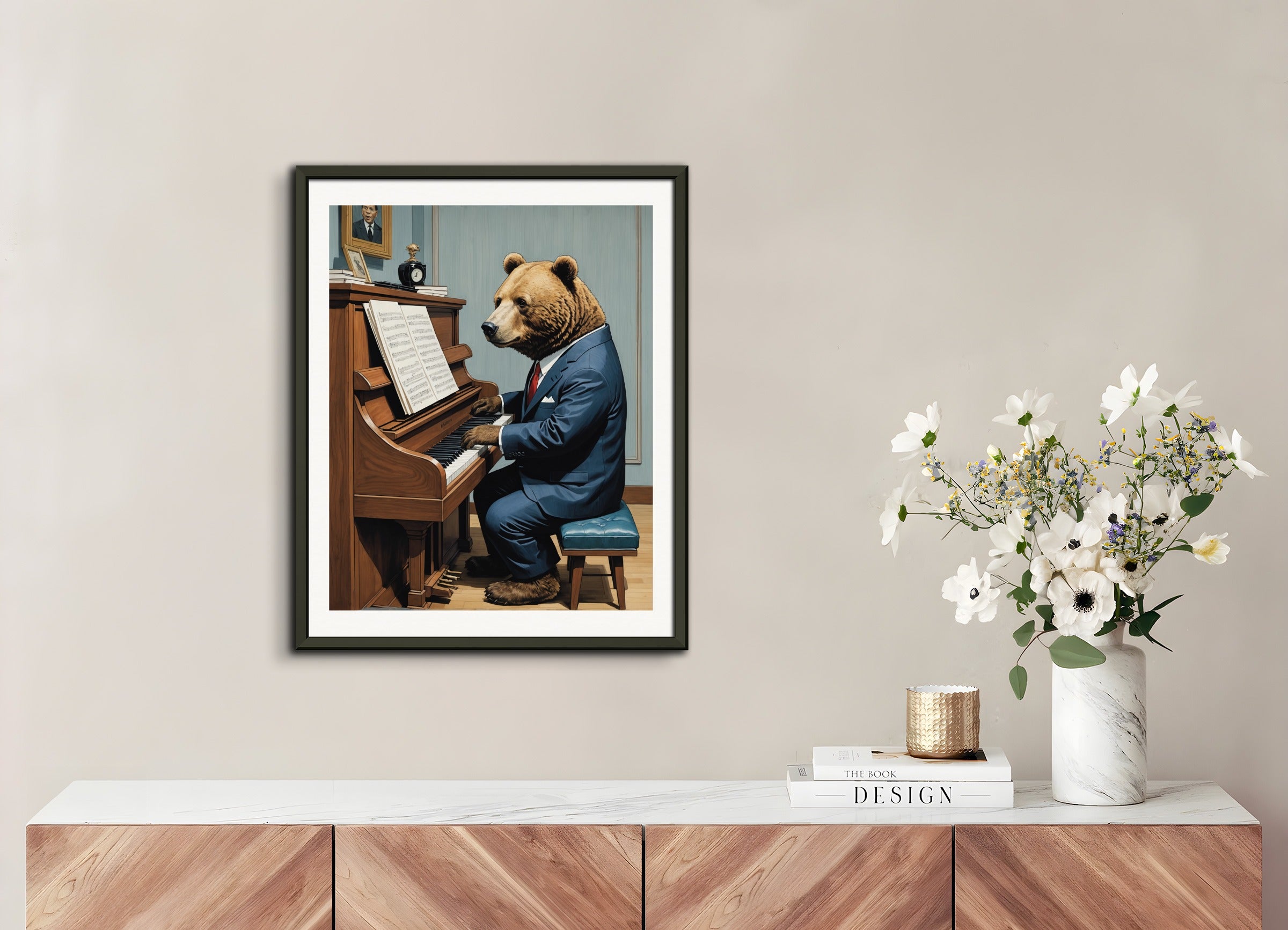 Poster with metal frame: Contemporary Japanese kawaii artist, bear in suit plays piano