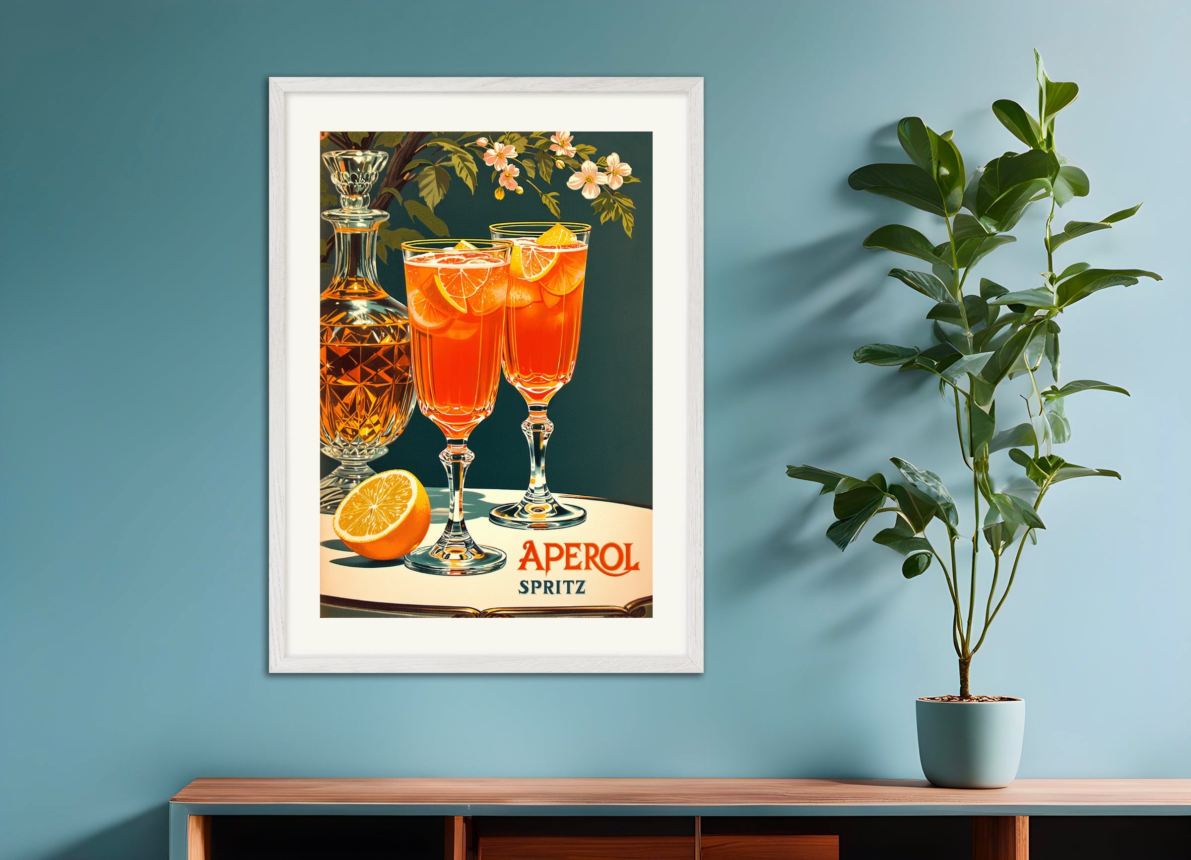 Poster with white wood frame: Aperol Spritz, vintage poster