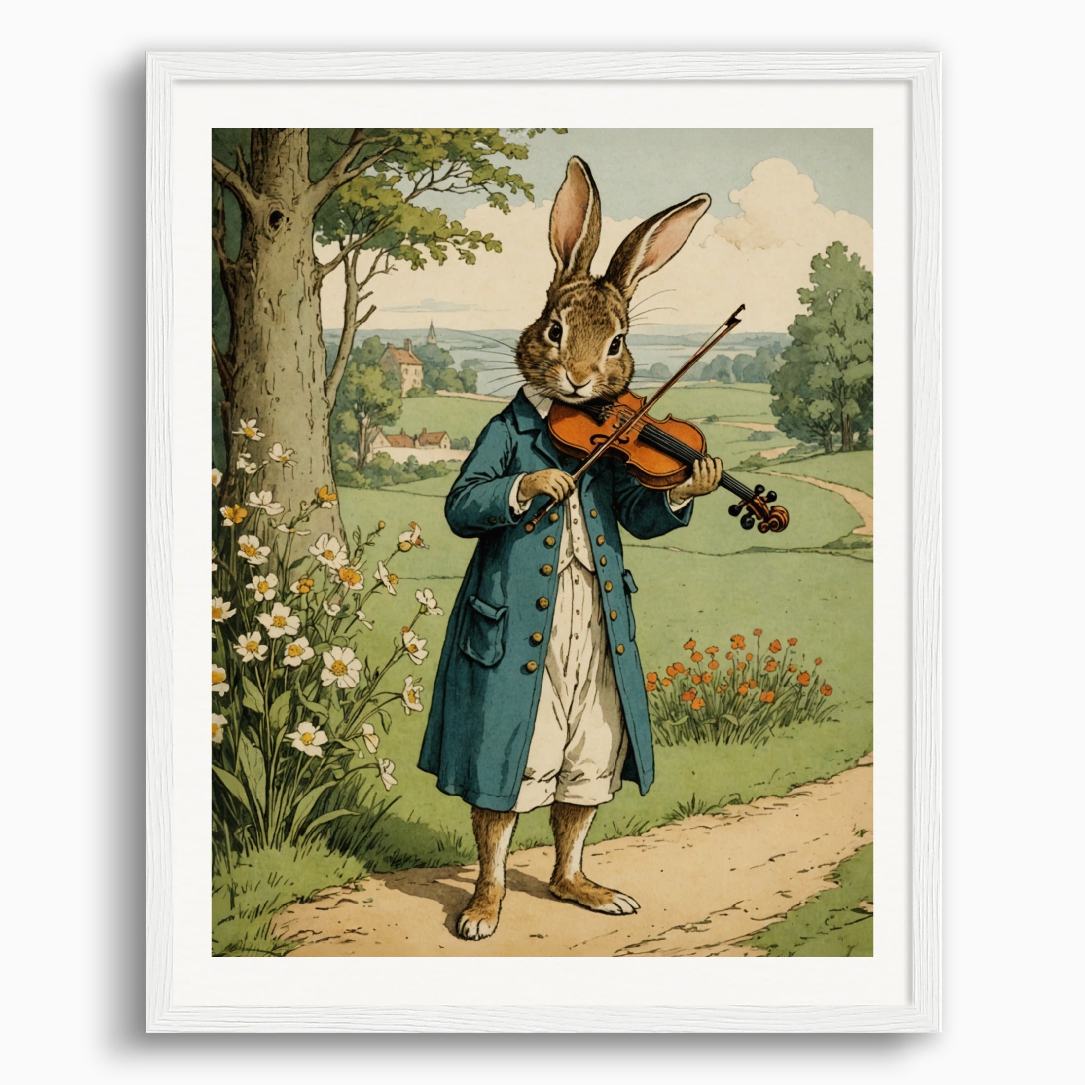 Poster: British illustrations, innocent and nostalgic childhood, rabbit playing the violin