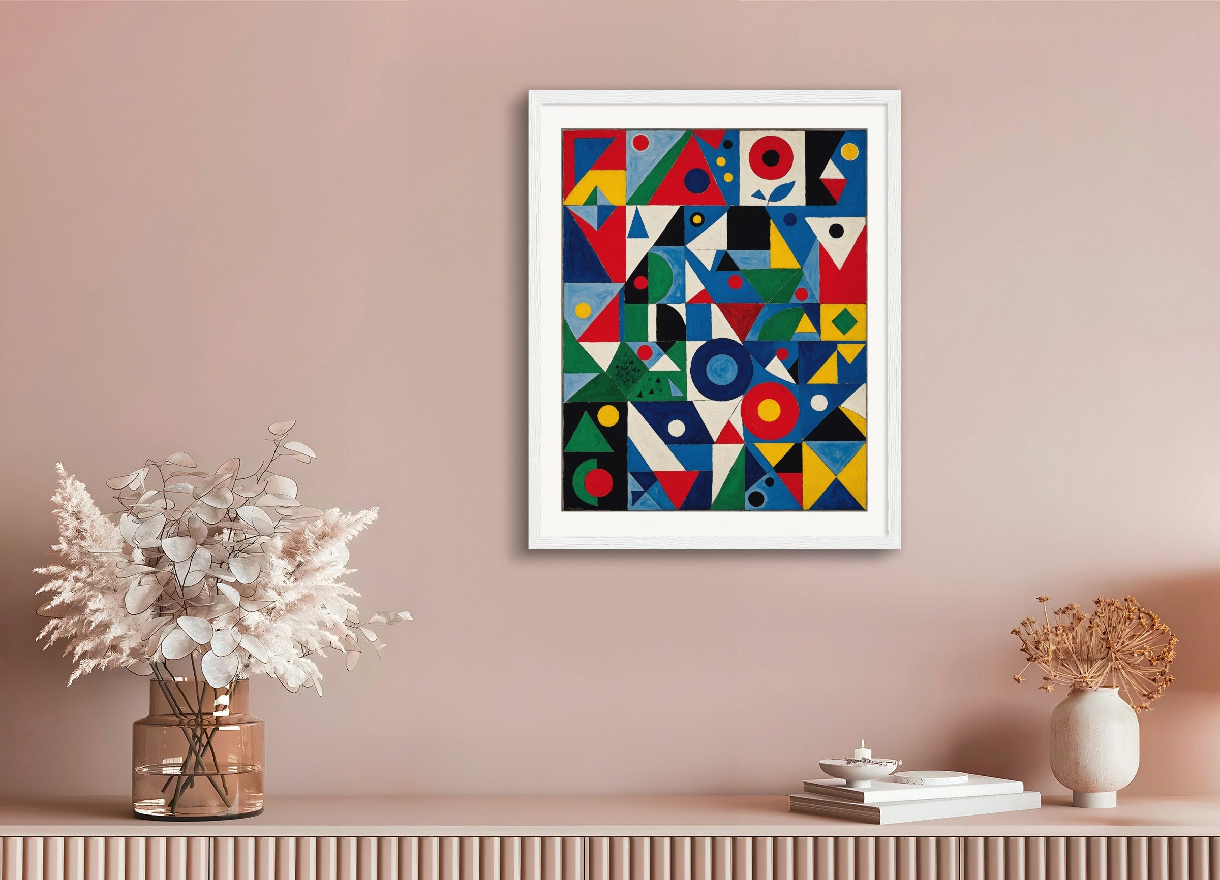 Poster with wood frame: Painting without school, surrealism and neo-primitivism, Geometric patterns