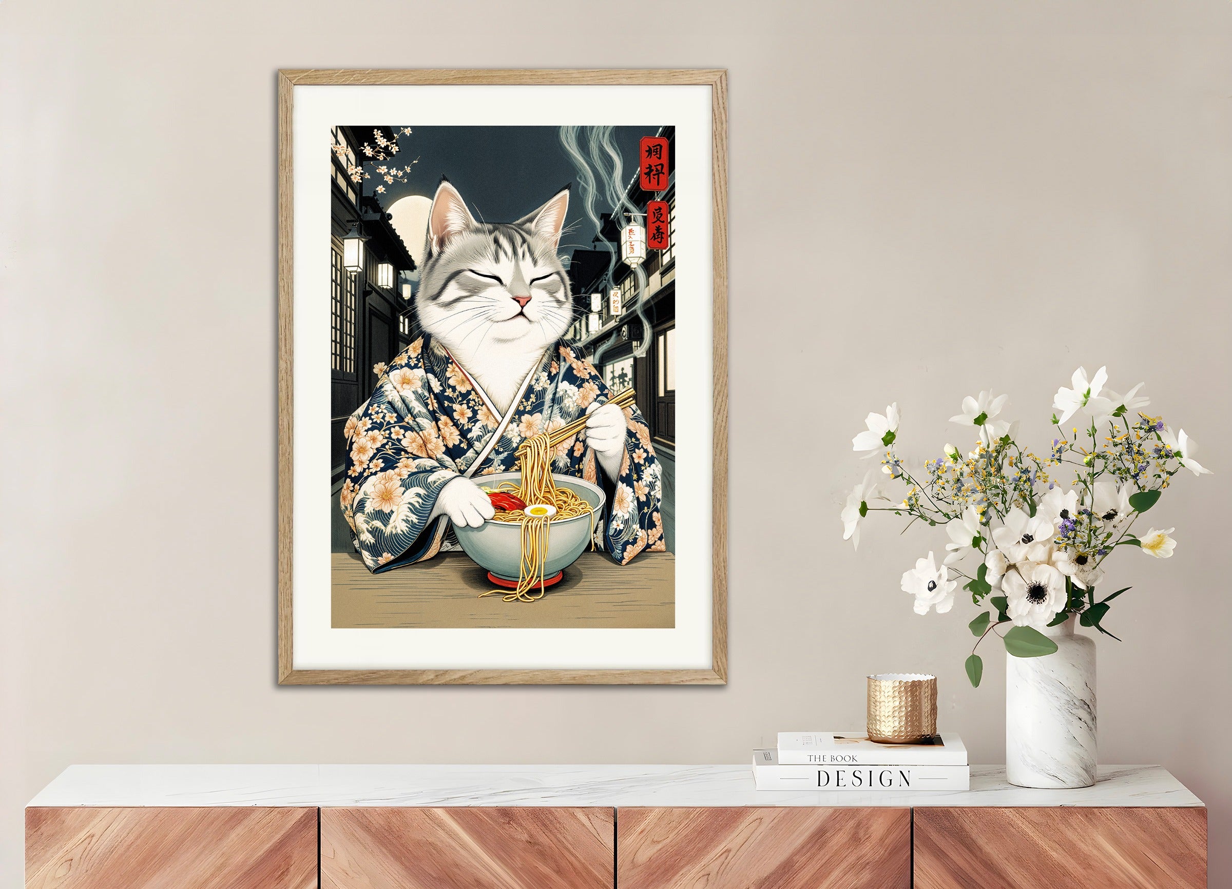 Poster with natural wood frame: Delicious ramen, cat, asian restaurant