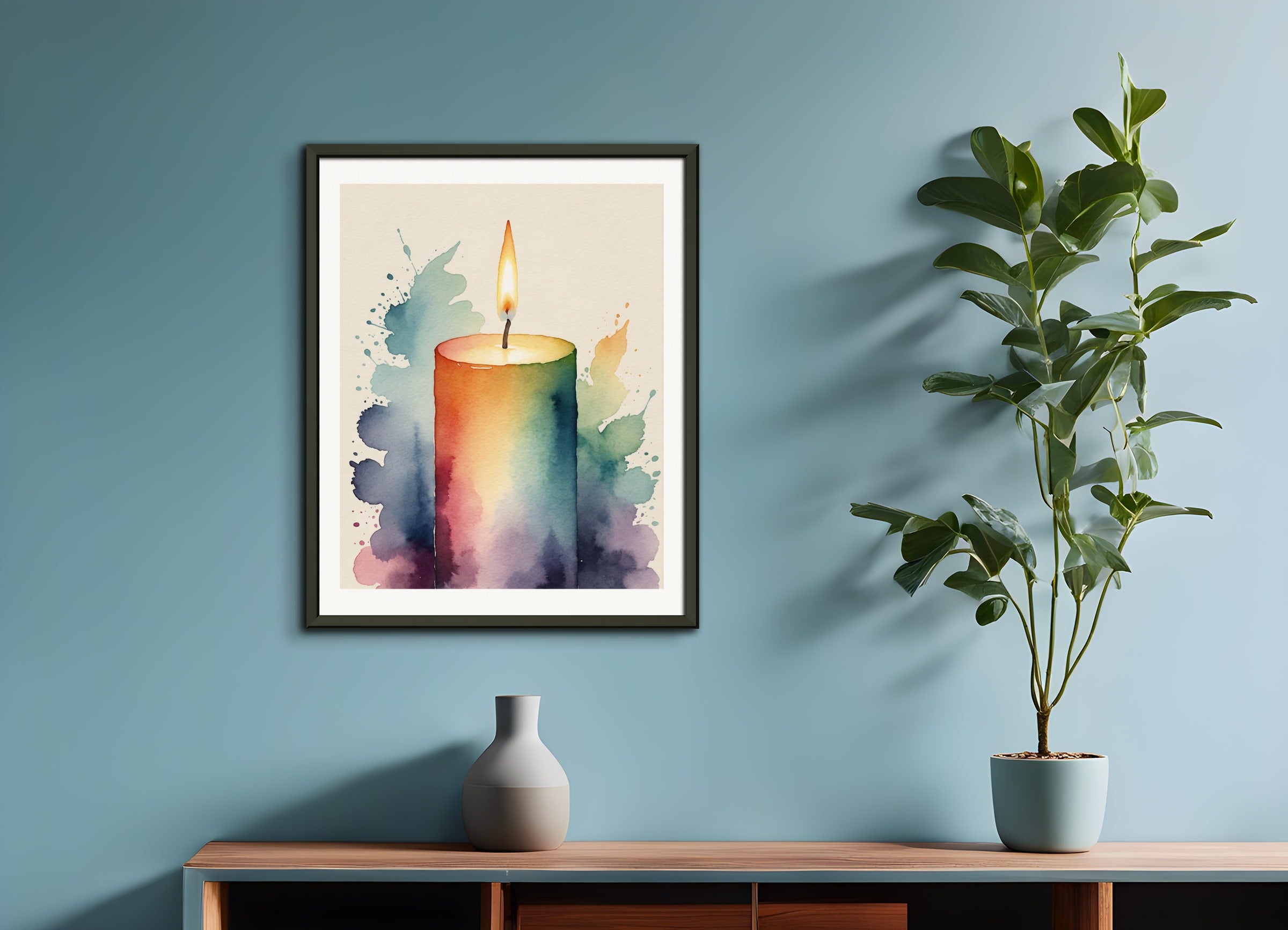 Poster with metal frame: Abstract watercolor illustration using a gradient of colors, Candle