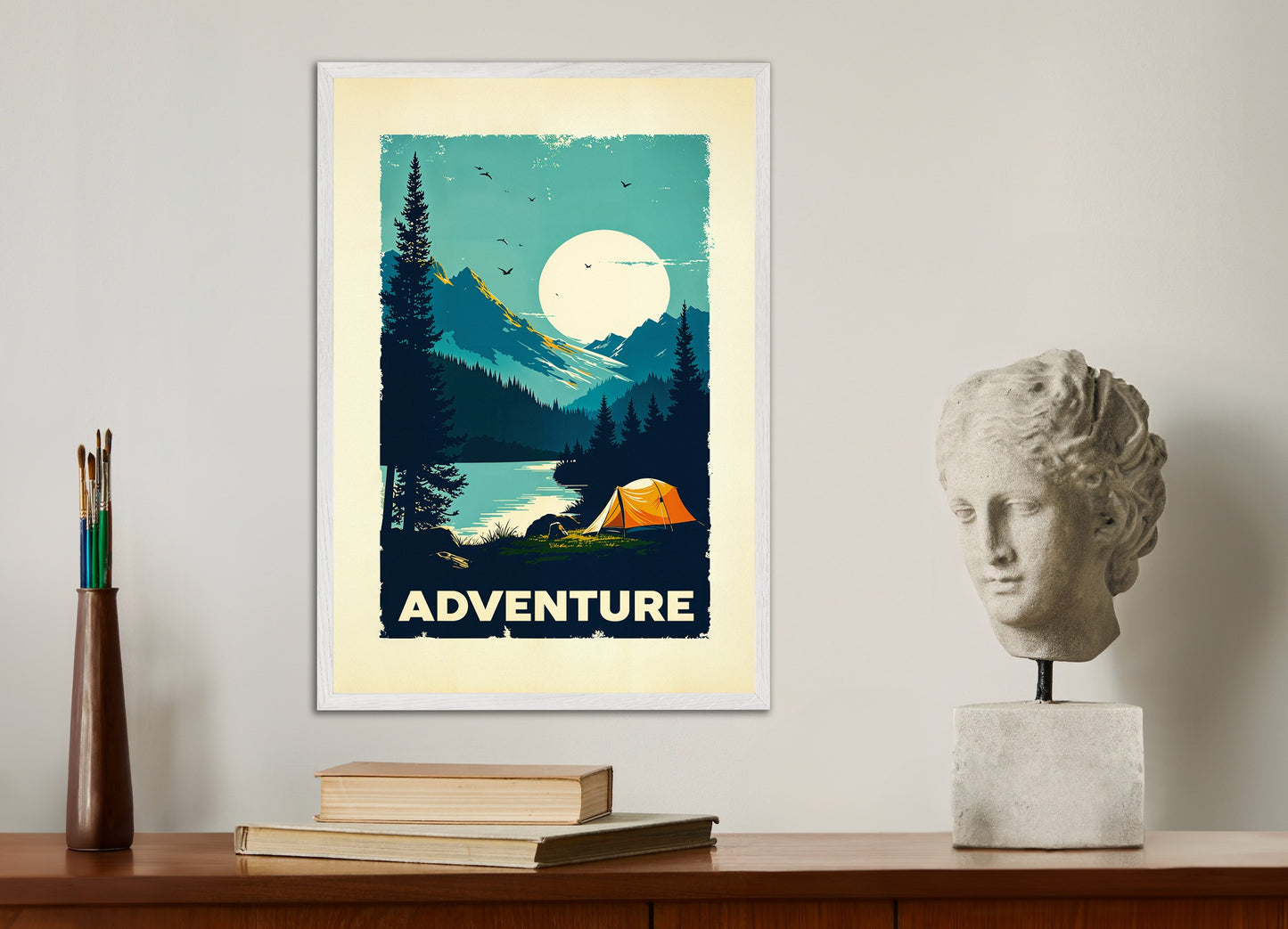 Poster with white wood frame: Vintage style nature poster, camping and adventure