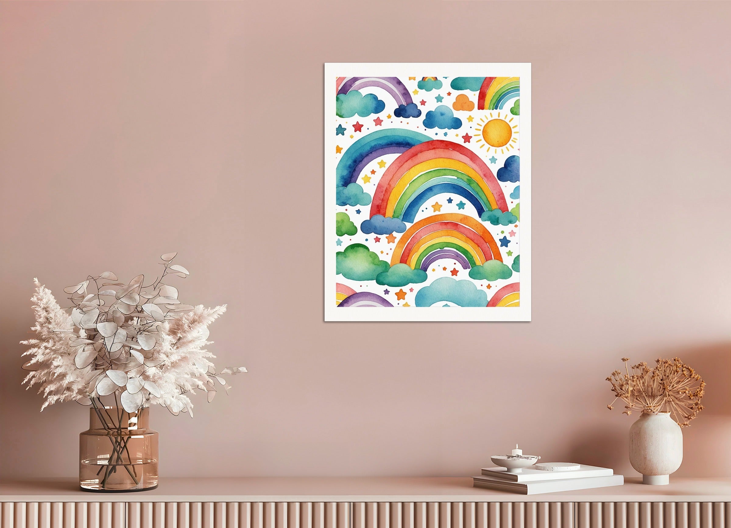 Poster: Childish watercolor, rainbow on white background